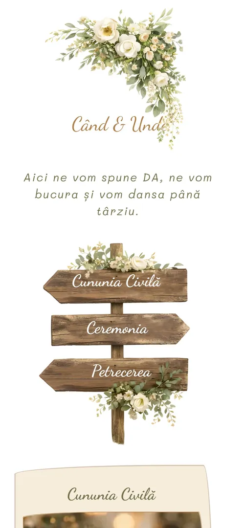 Indicator de lemn înfipt în iarbă, cu trei săgeți pentru cununia civilă, ceremonie și petrecere, încadrat de verdeață