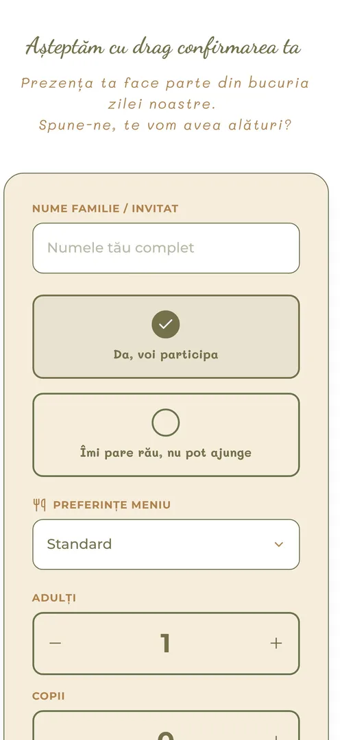 Formular de confirmare: câmp pentru nume, butoane Da și Nu pentru participare și selector de meniu