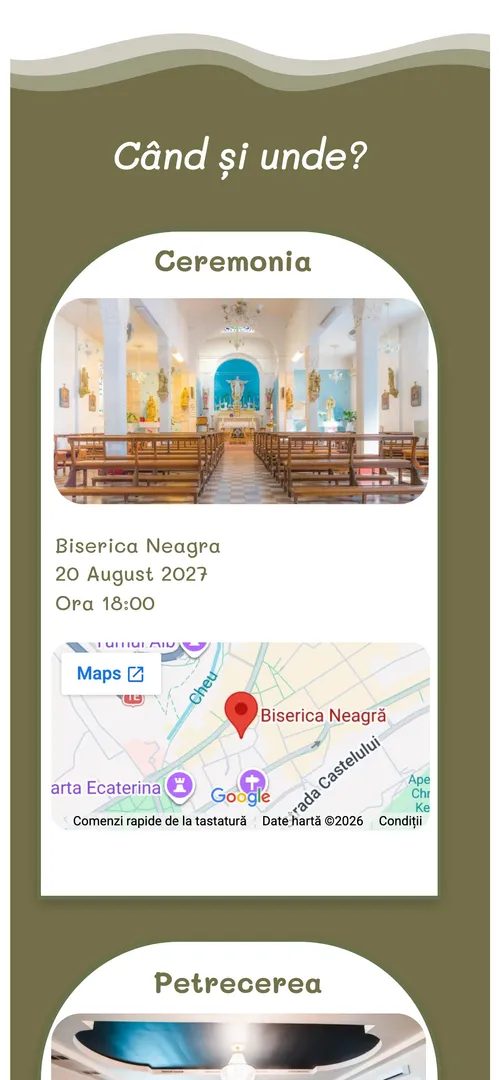 Card cu poza bisericii, adresa și harta către locul ceremoniei, în paleta verde