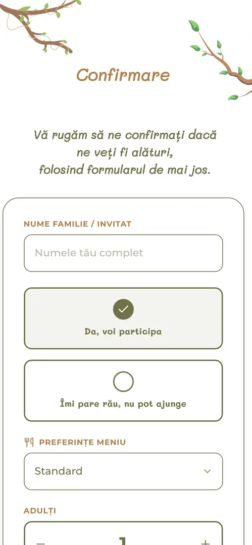 Formular de confirmare în verde, cu câmp pentru nume și două butoane: particip sau nu pot ajunge