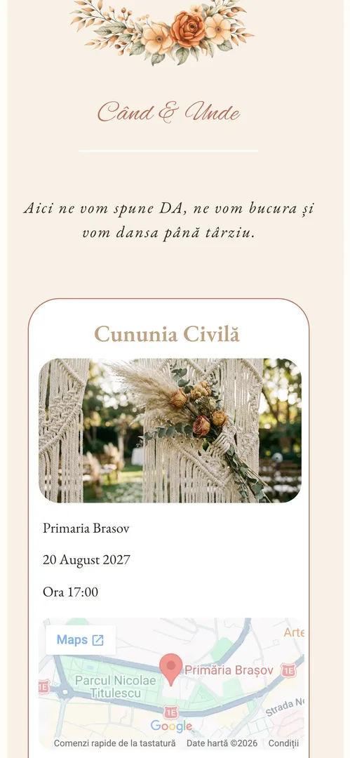 Card de locație cu fotografia locului în tonuri calde, hartă și adresa primăriei
