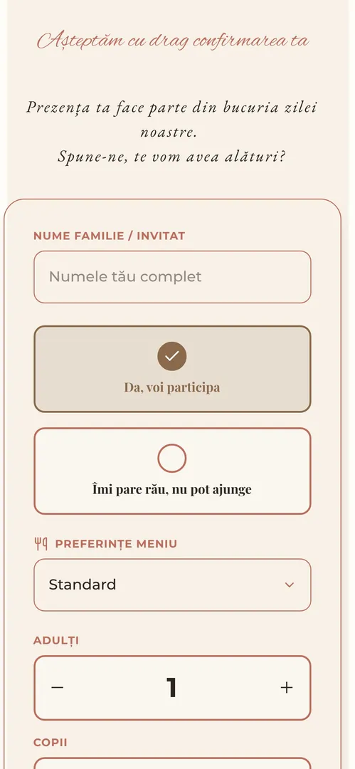 Completarea numelui, bifarea participării și alegerea meniului, pe fundal cald