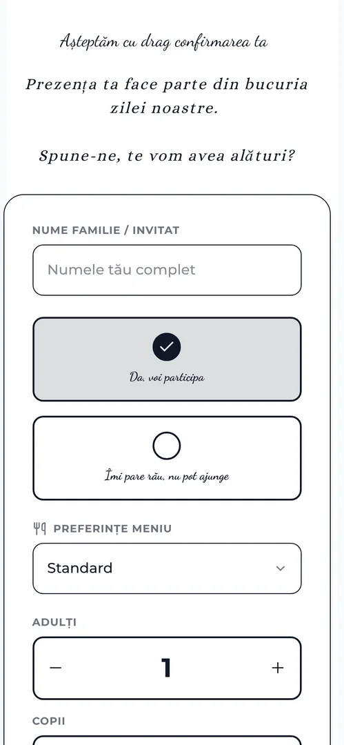 Pasul de confirmare: nume, răspuns Da sau Nu la participare și preferința de meniu, pe fundal crem
