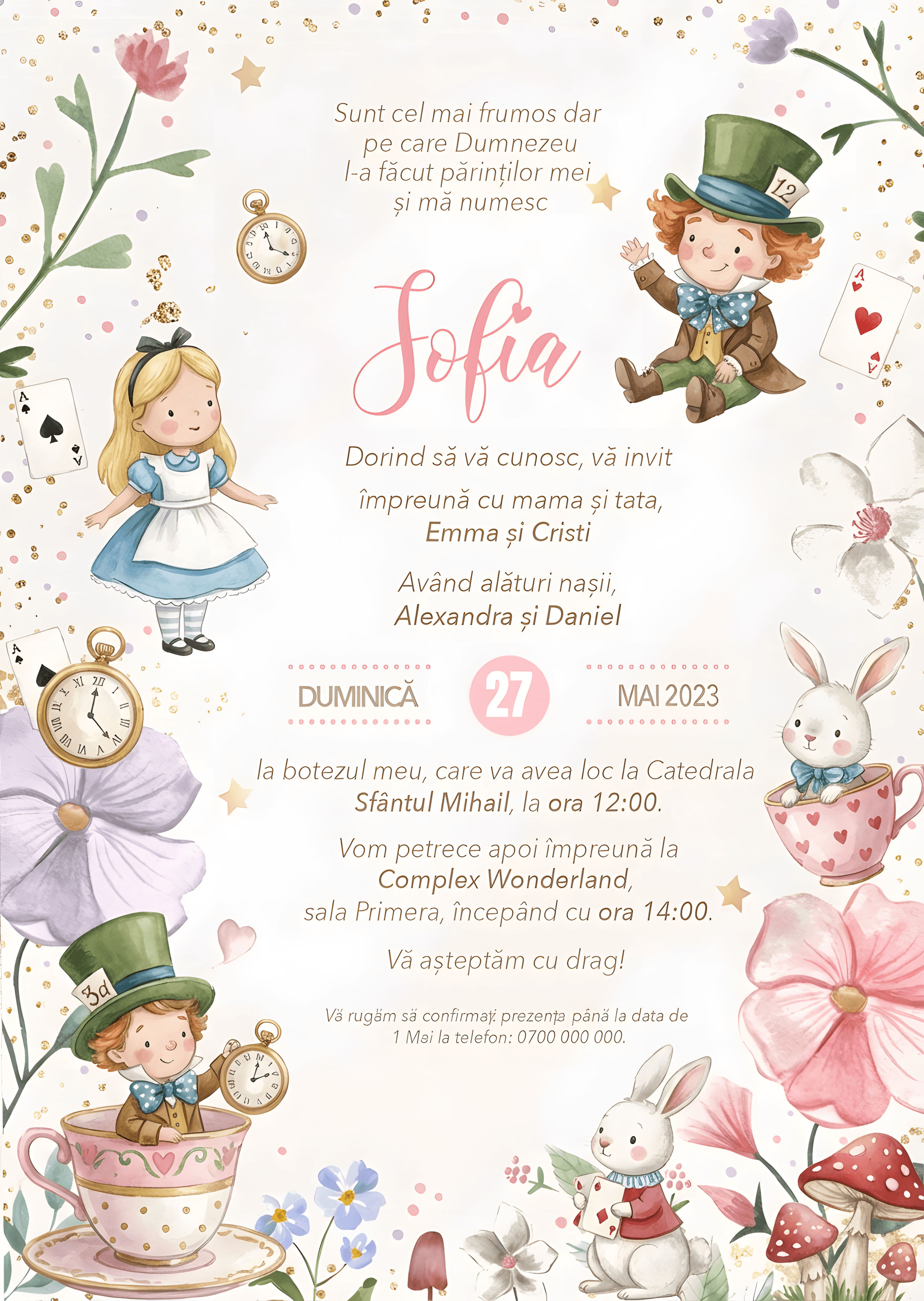 Alice Minunata Floral - Invitație Digitală botez