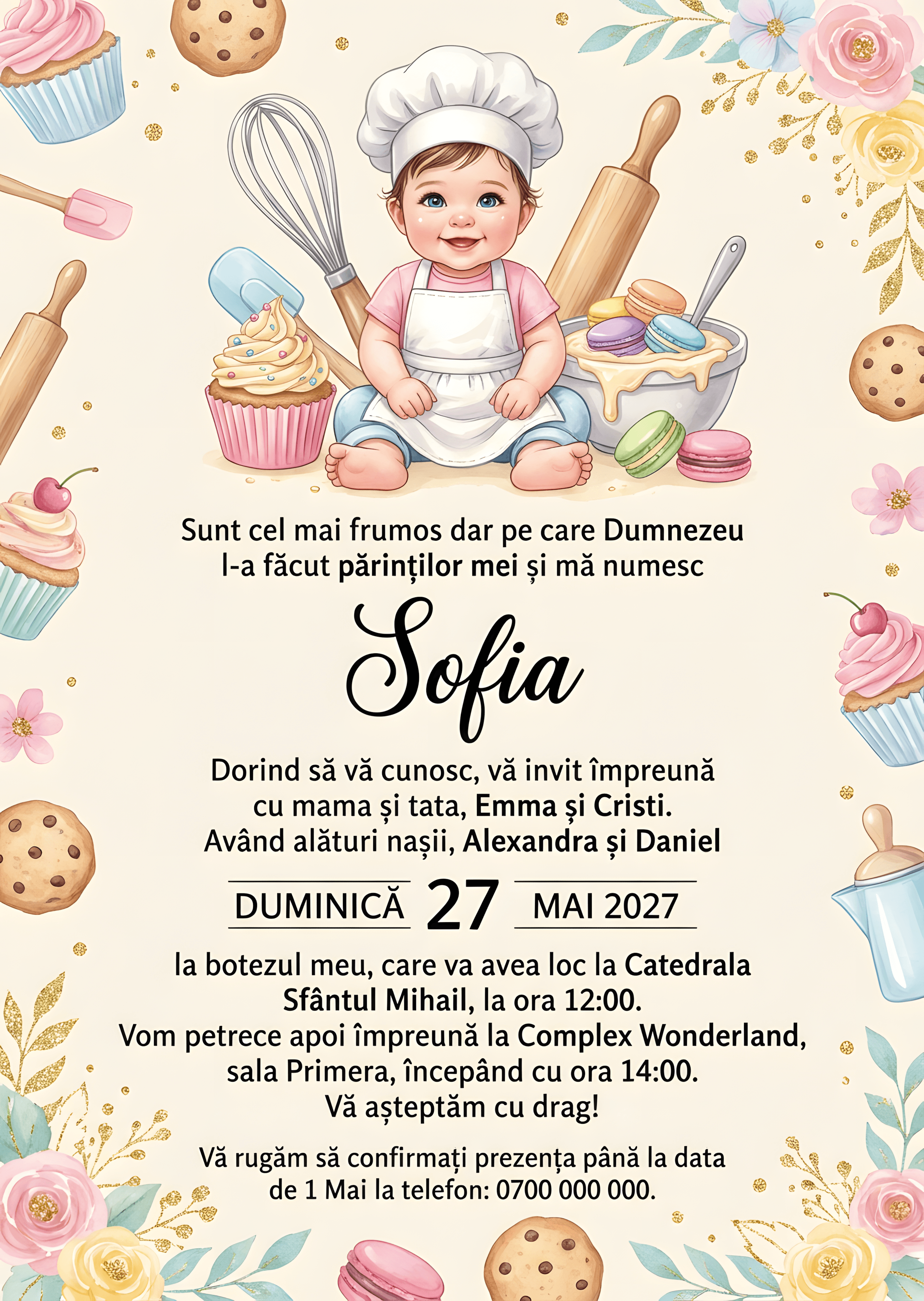 Baby Copt Floral - Invitație Digitală botez