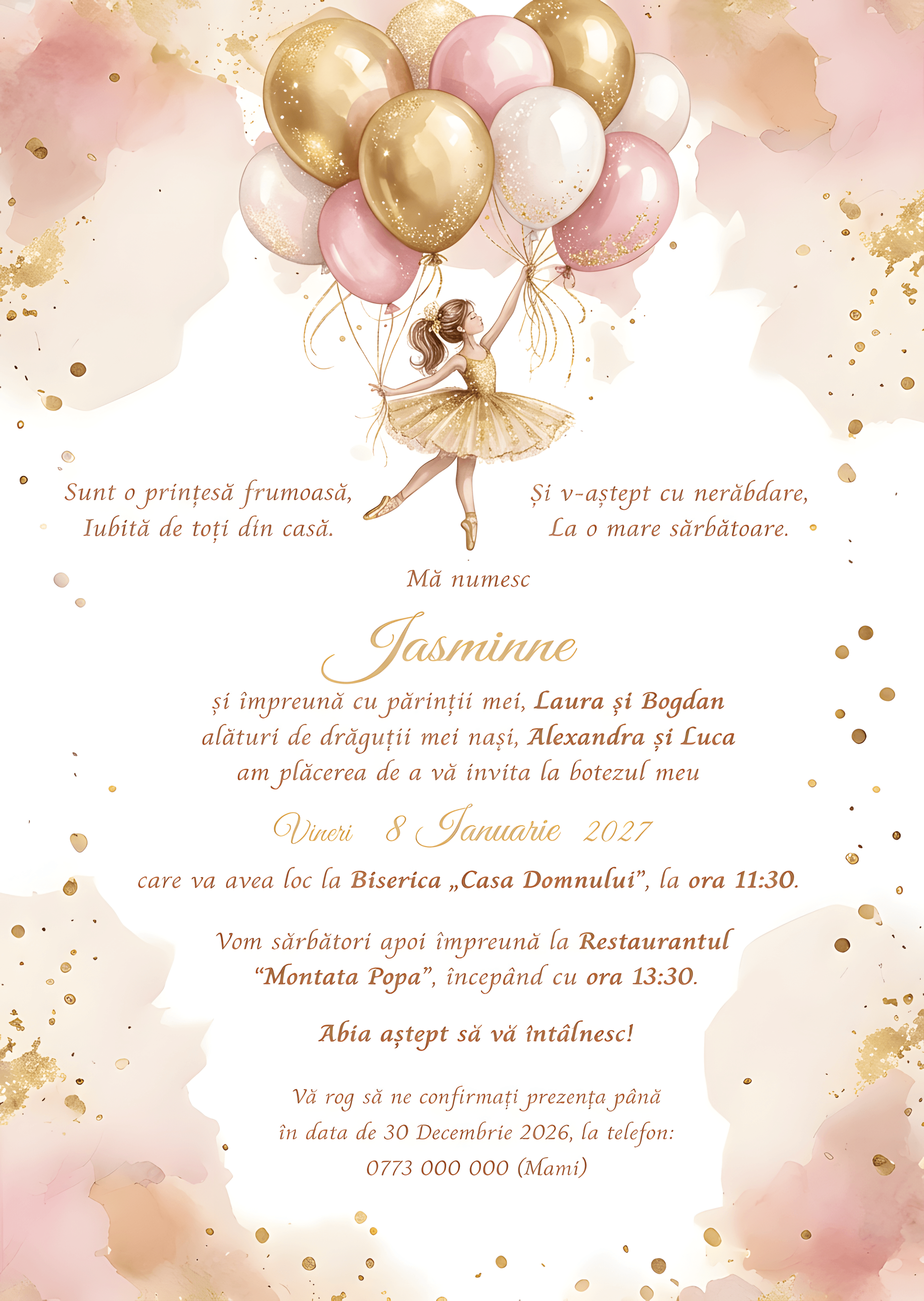 Elegant Auriu Printesa - Invitație Digitală botez