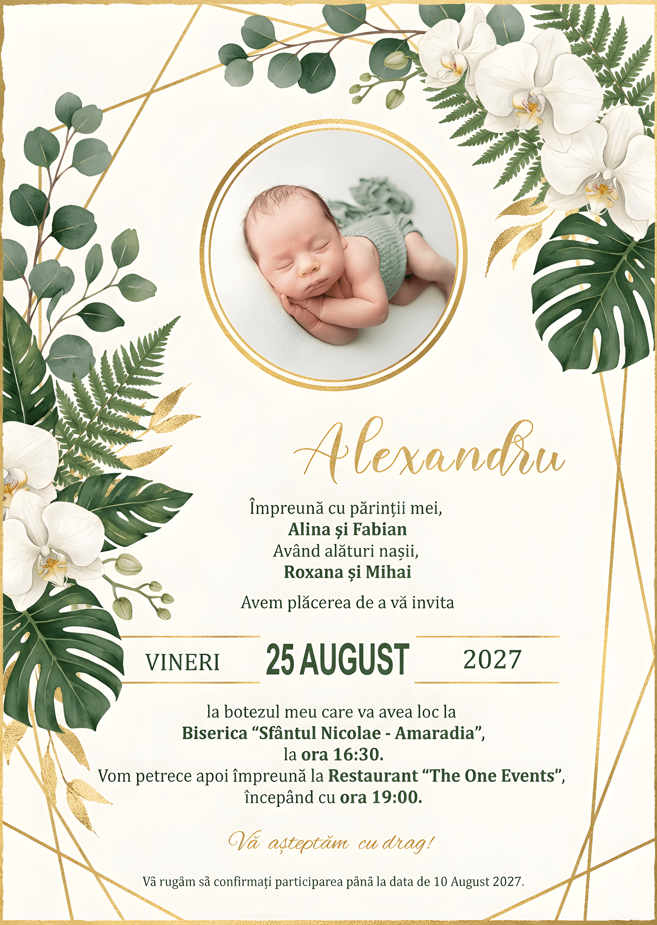Elegant Natural Orhidee - Invitație Digitală botez