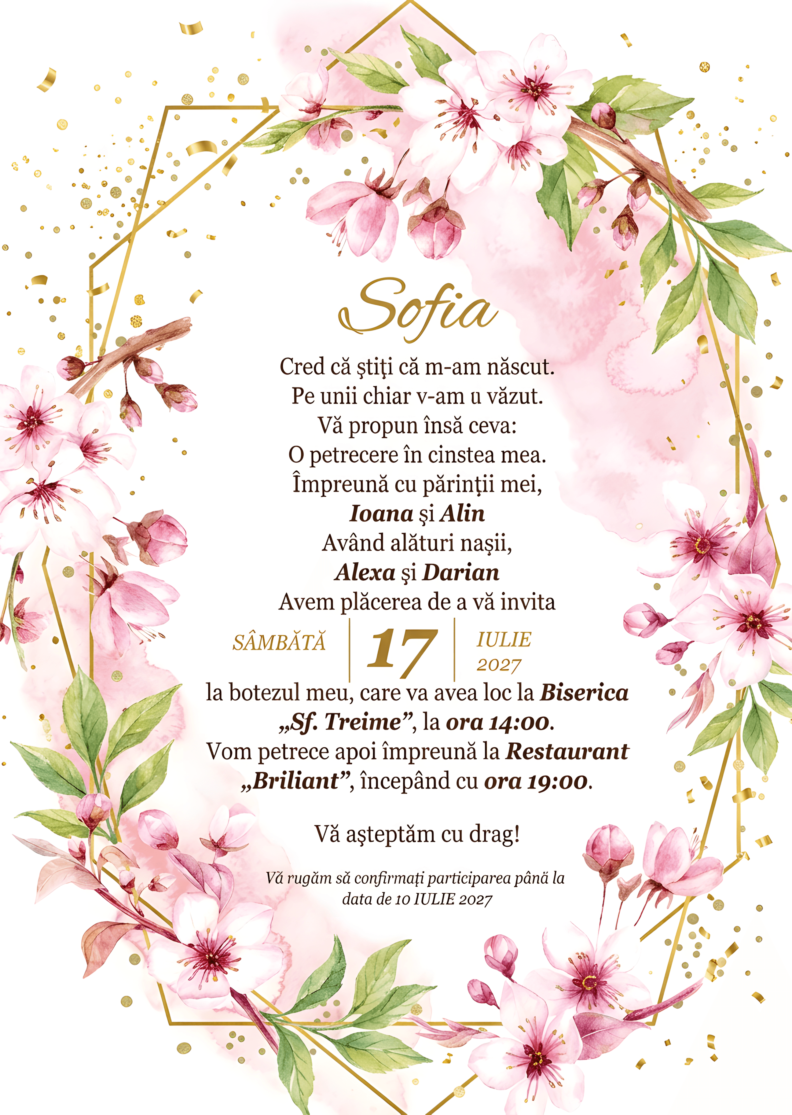 Floral Auriu Elegant - Invitație Digitală botez