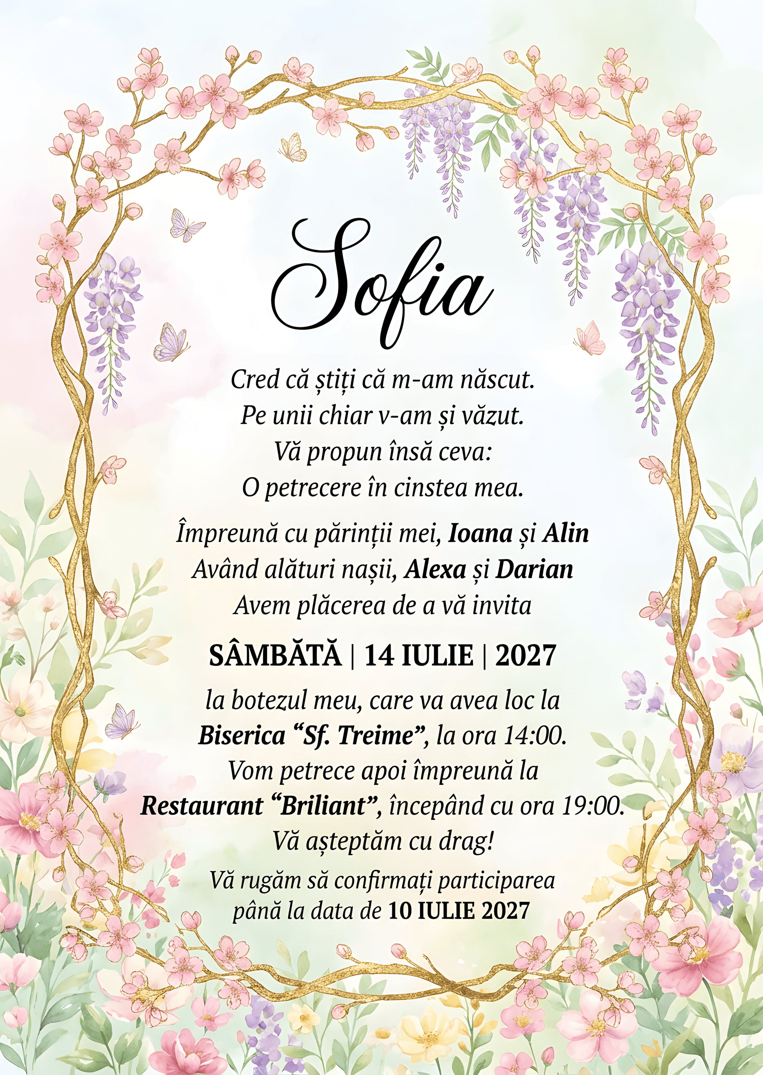 Floral Elegant Acuarela - Invitație Digitală botez