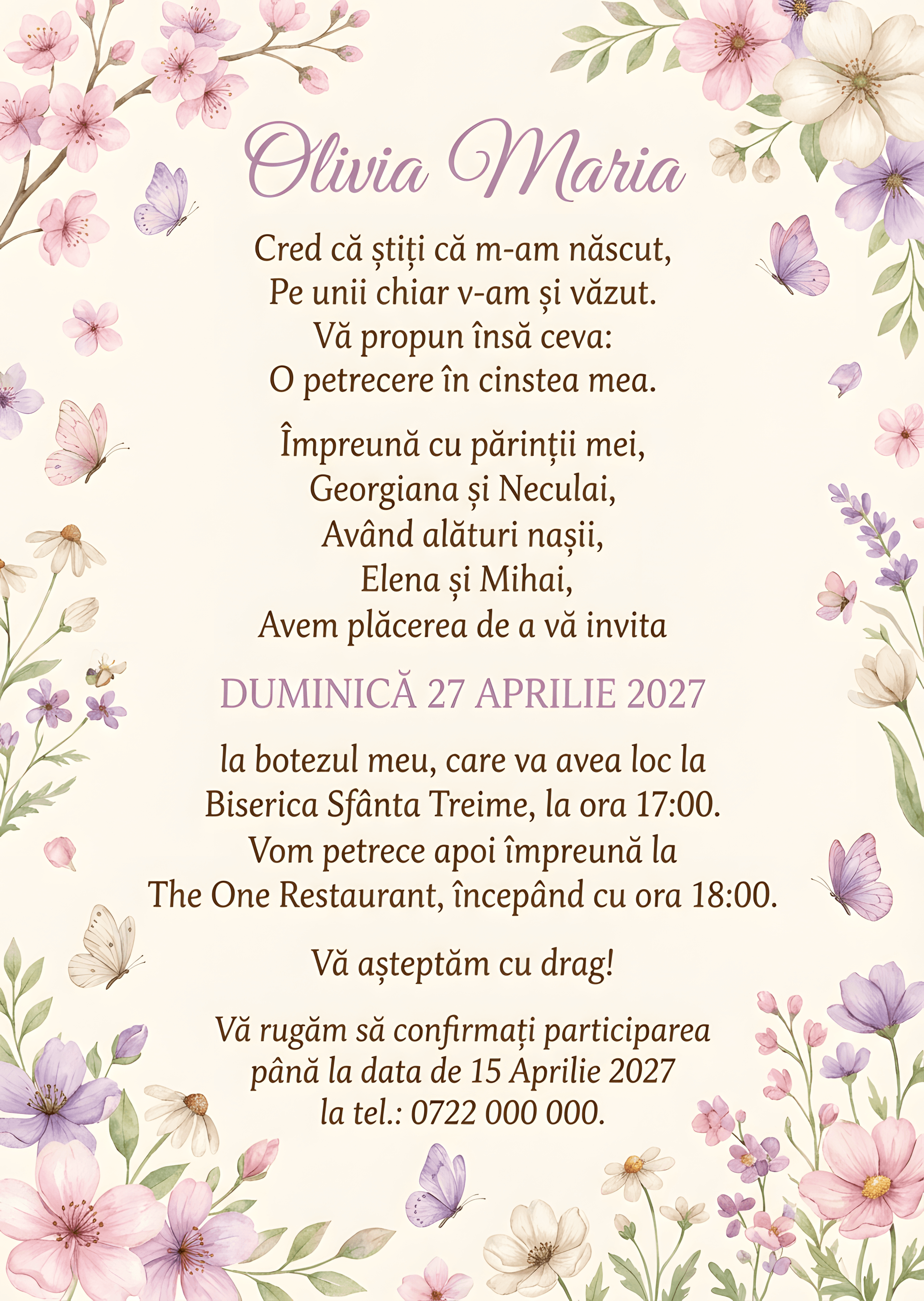 Floral Romantic Pastel - Invitație Digitală botez