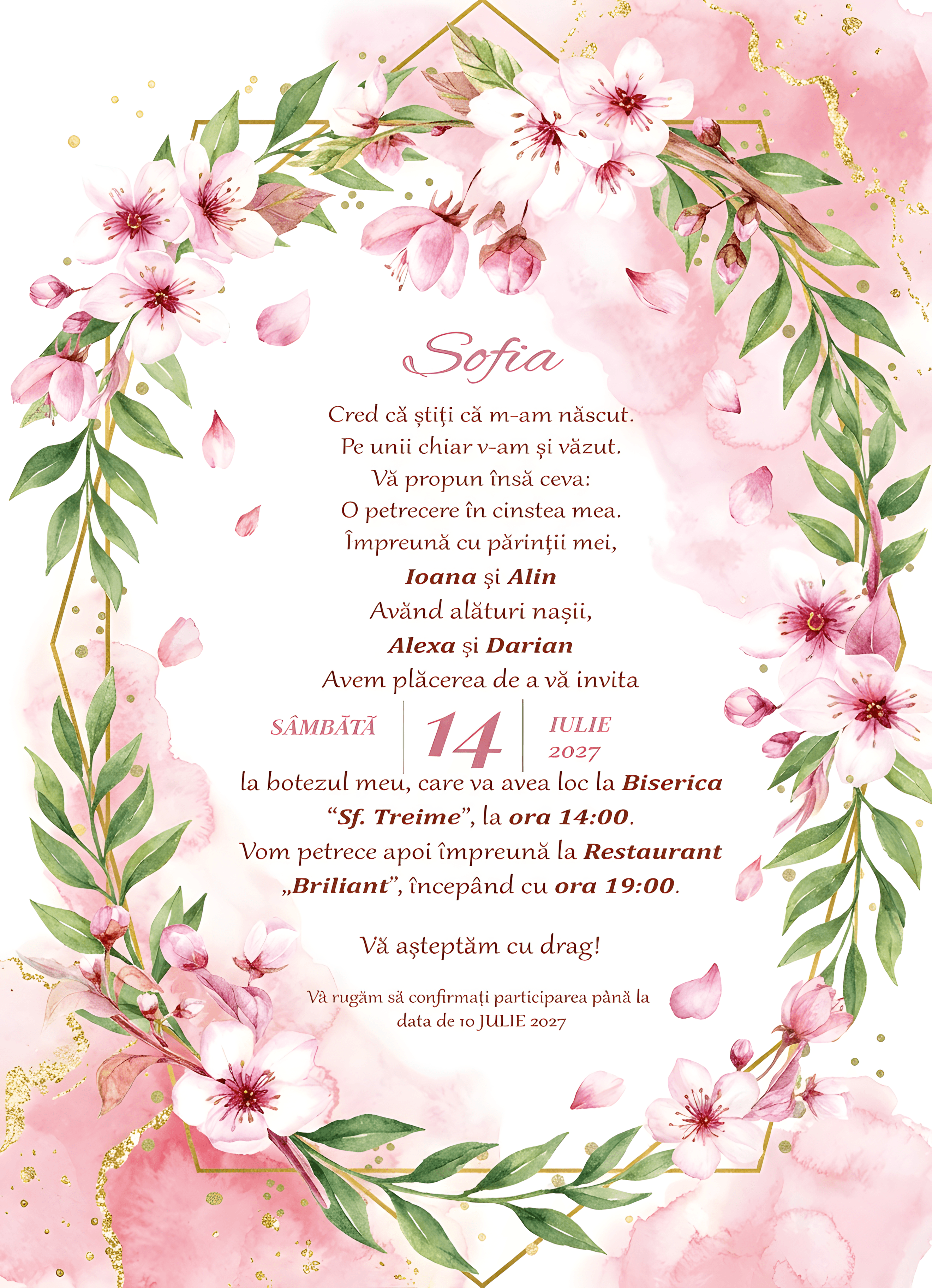 Floral Roz Aquarel - Invitație Digitală botez