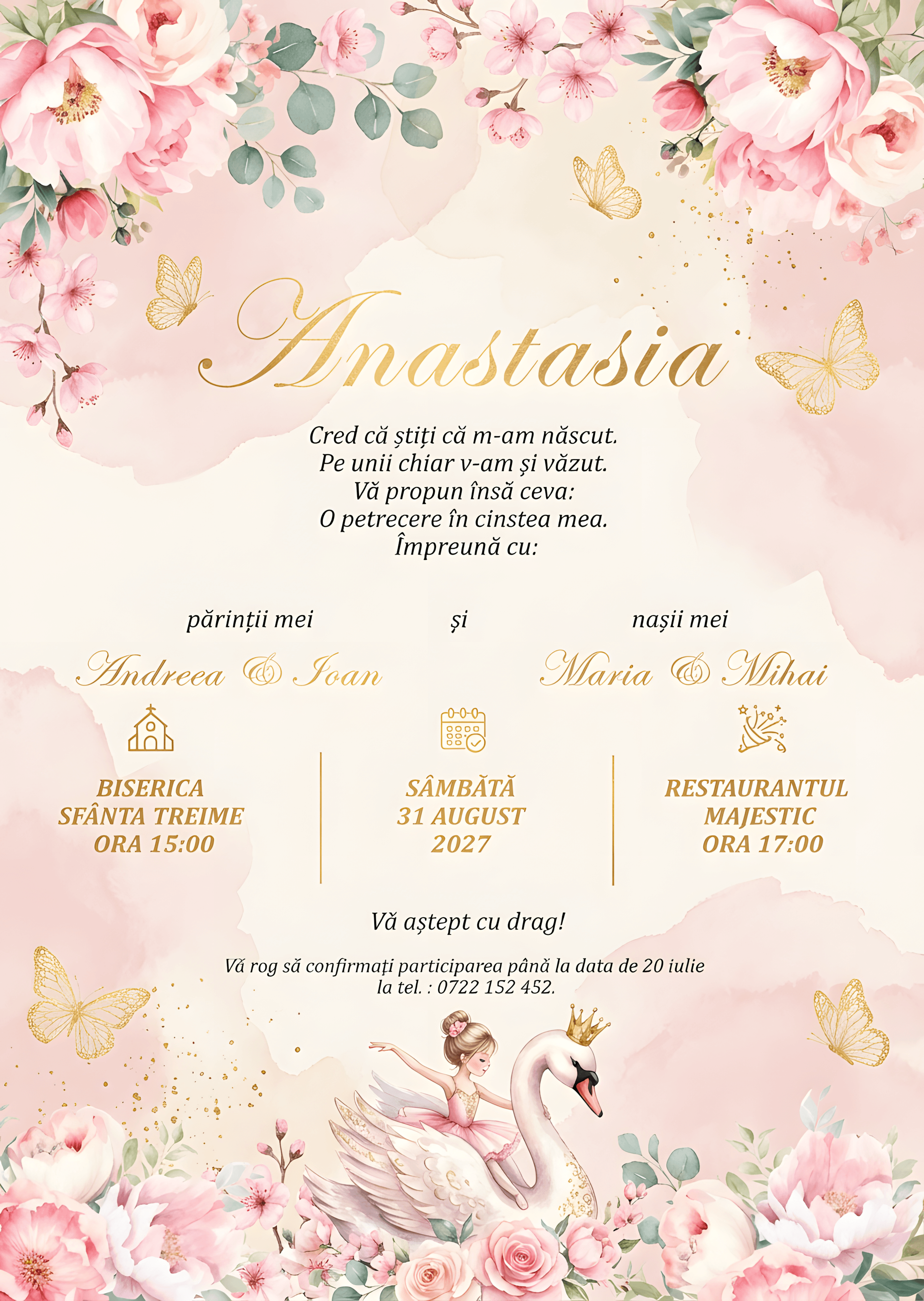 Floral Roz Elegant - Invitație Digitală botez
