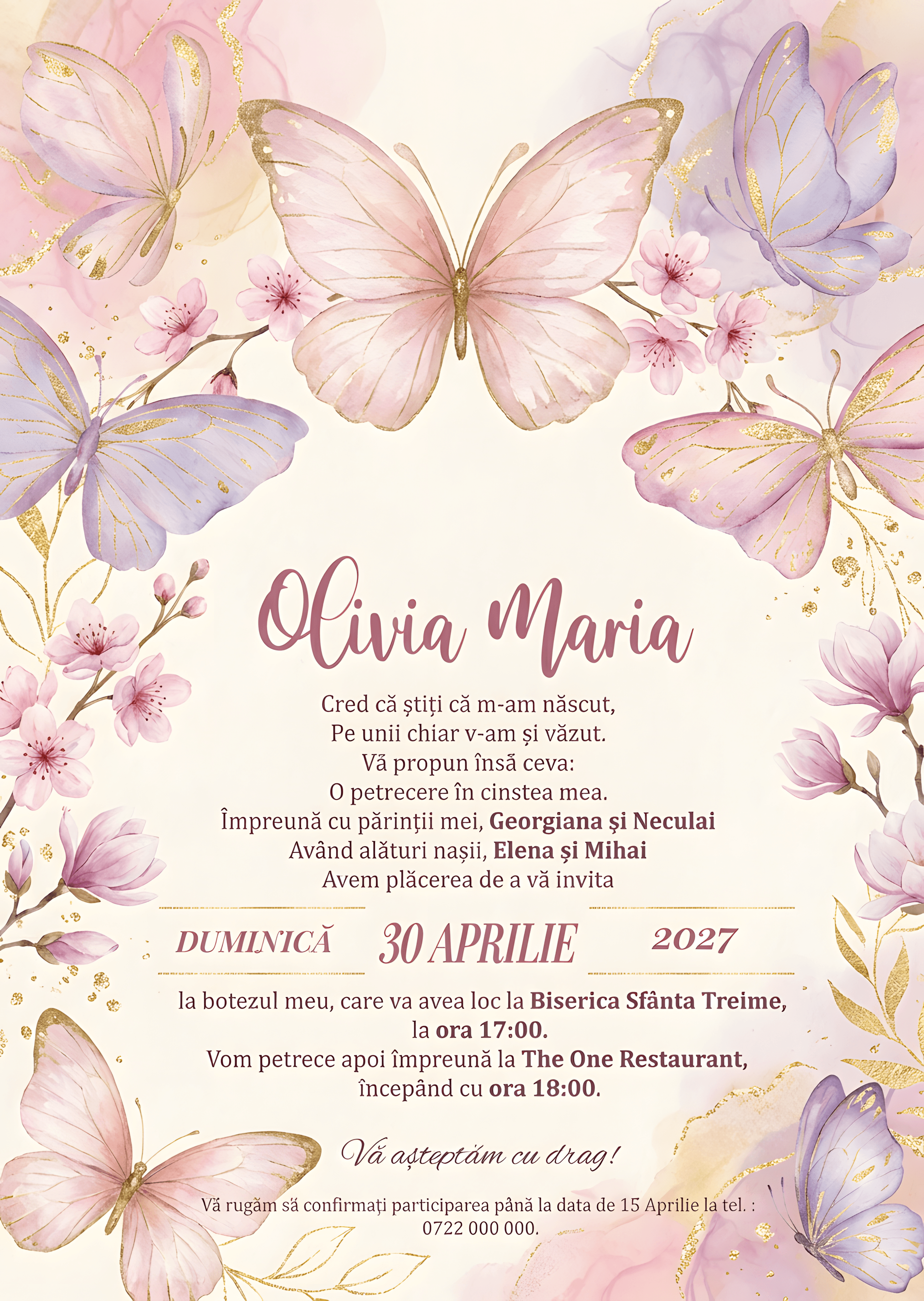 Fluturi Auriu Elegant - Invitație Digitală botez