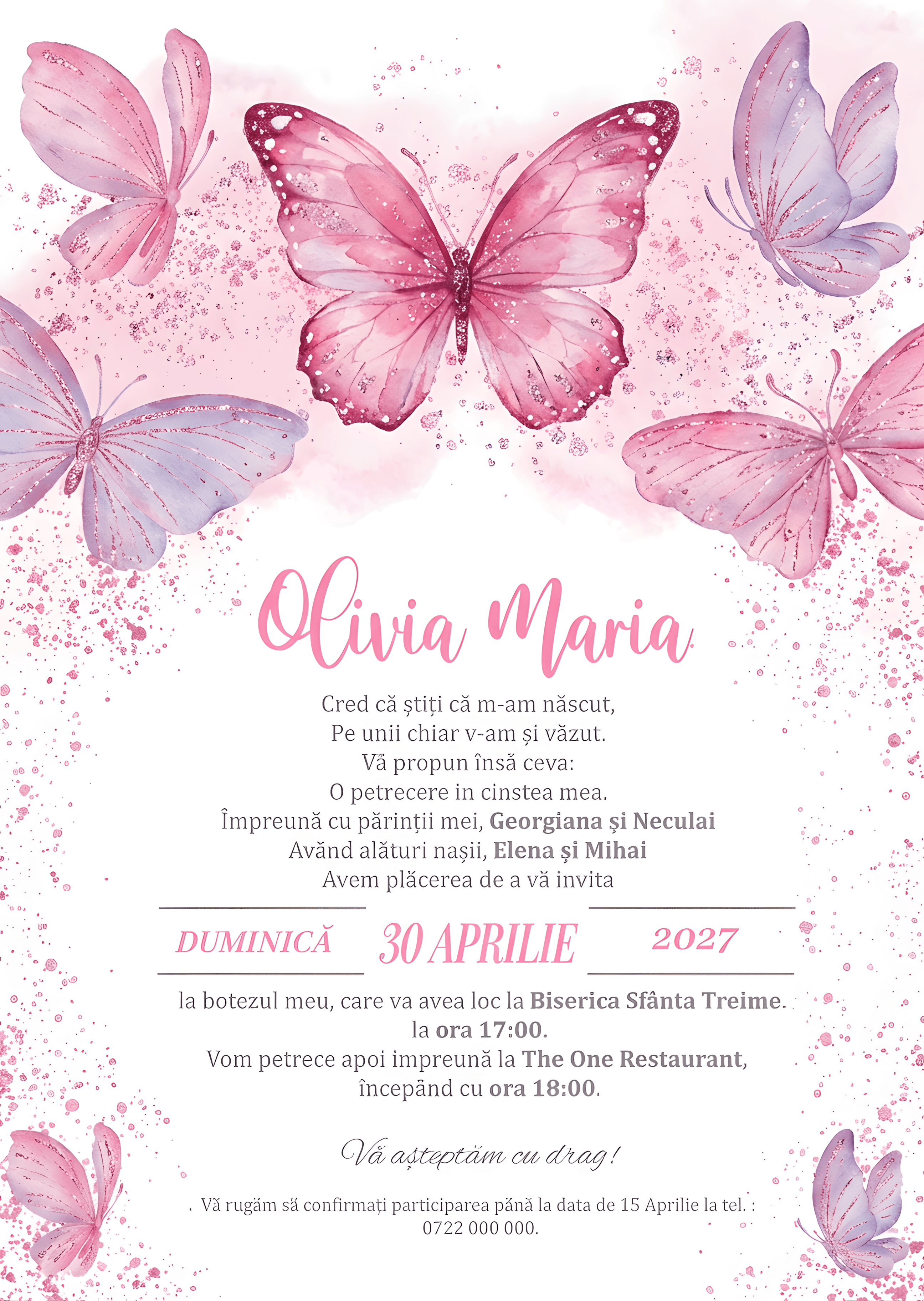 Fluturi Roz Acuarela - Invitație Digitală botez