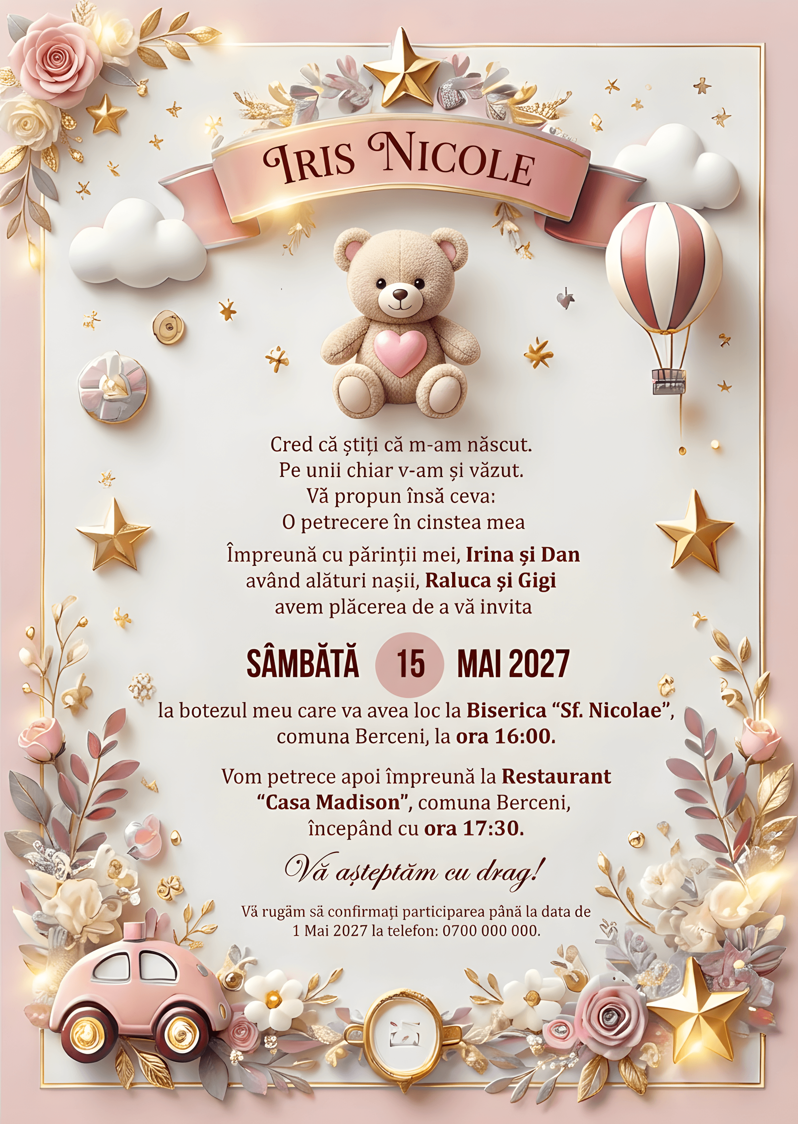 Gentil Floral Dulce - Invitație Digitală botez