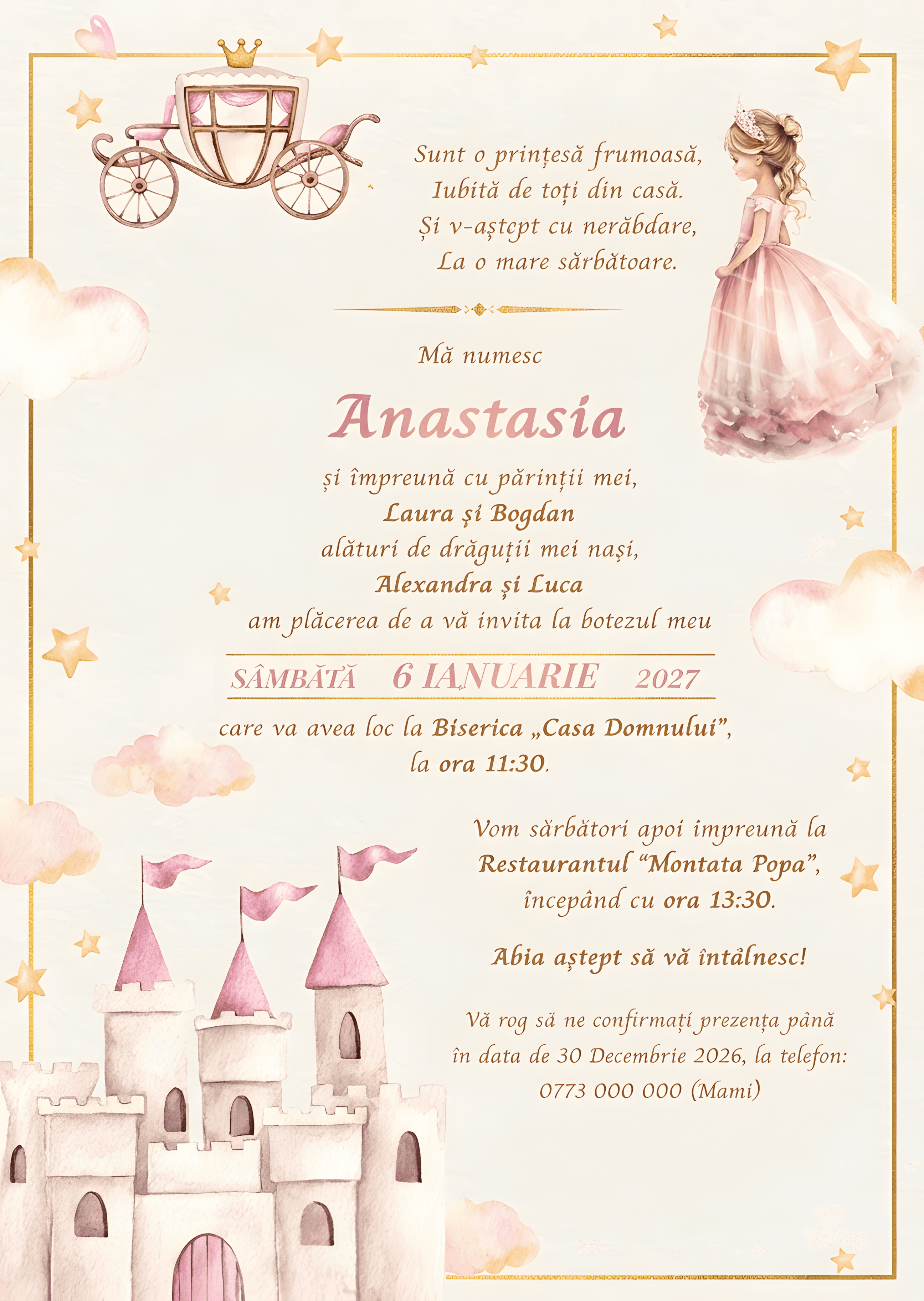 Printesa Palat Pastel - Invitație Digitală botez