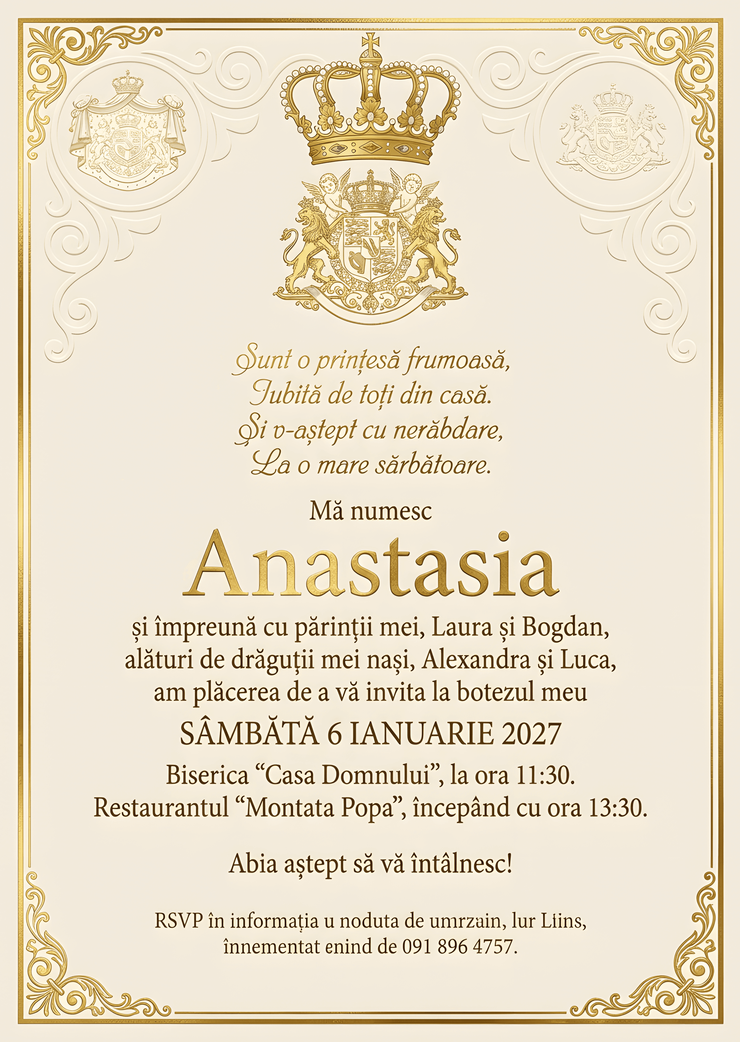 Regal Clasic Auriu - Invitație Digitală botez