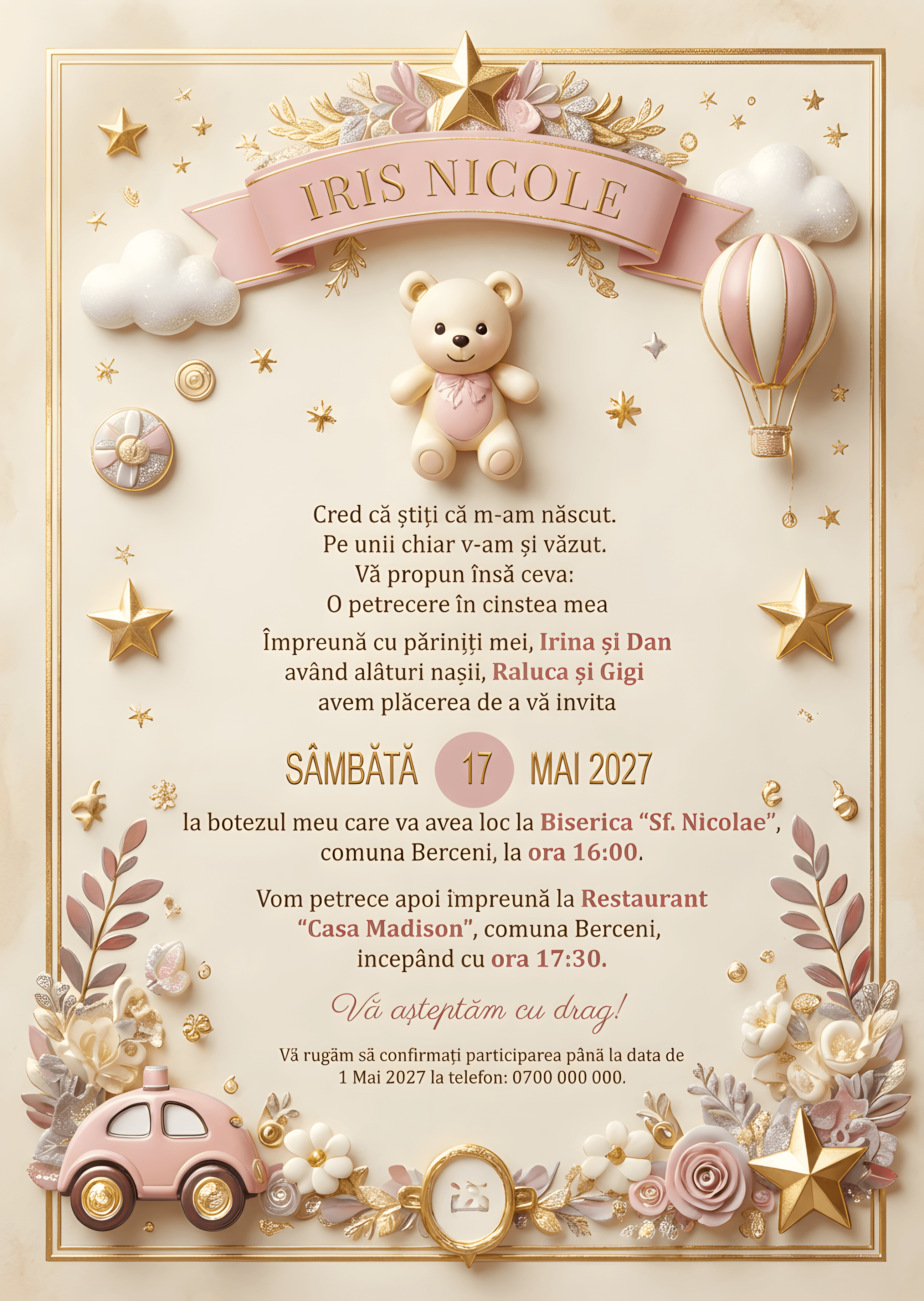 Roz Auriu Bebelus - Invitație Digitală botez