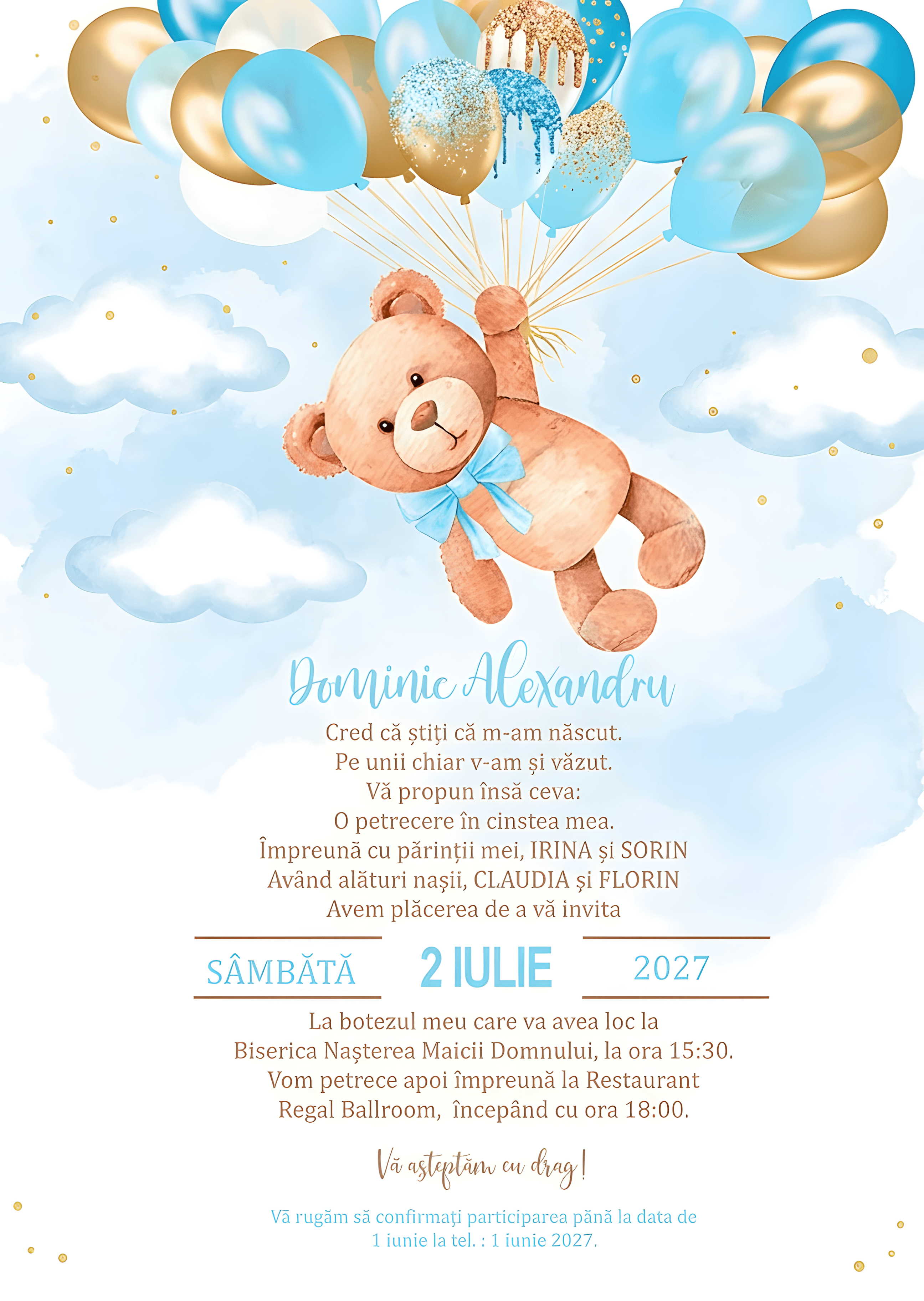 Ursulet Baloane Acuarela - Invitație Digitală botez