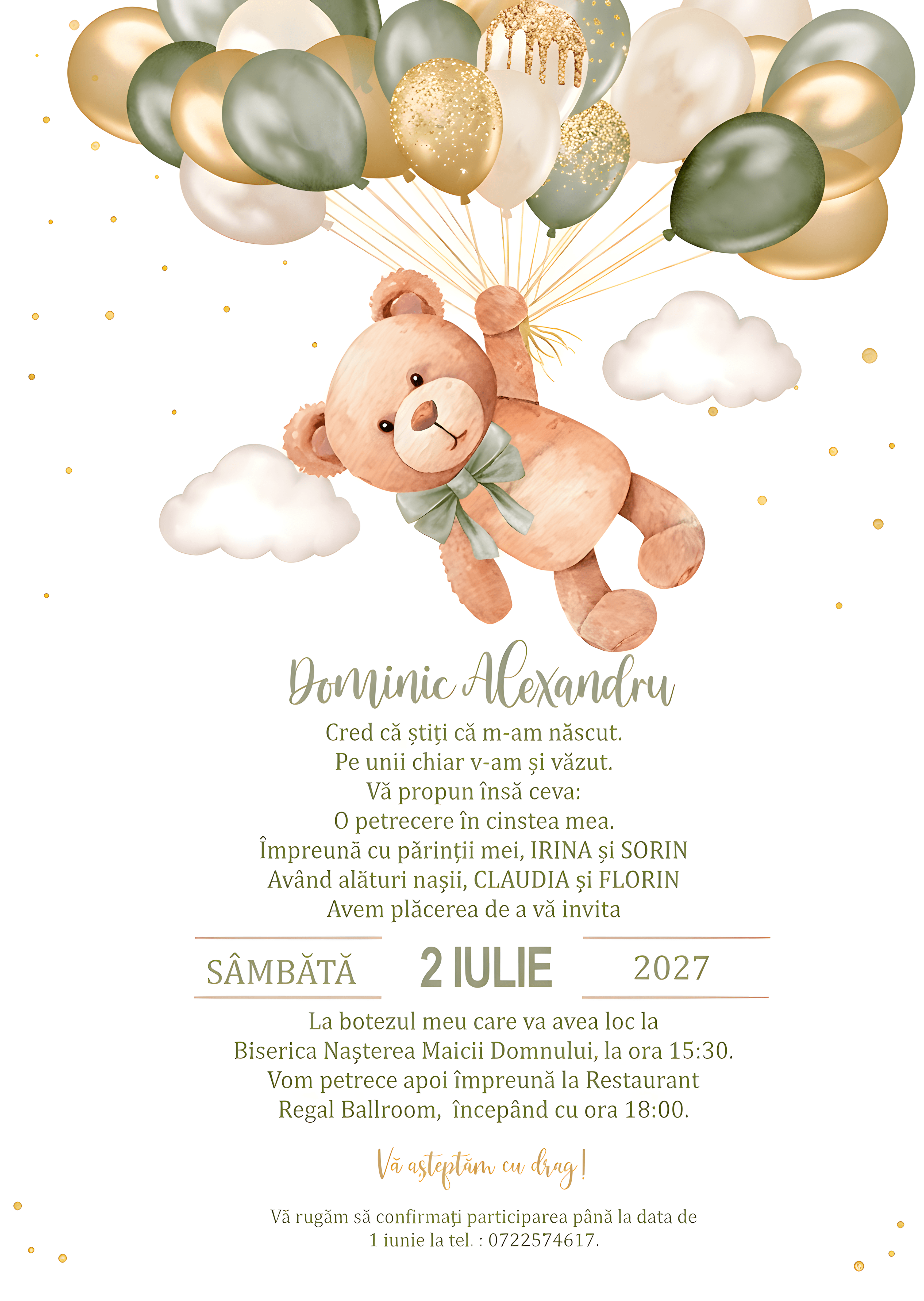 Ursulet Baloane Pastel - Invitație Digitală botez
