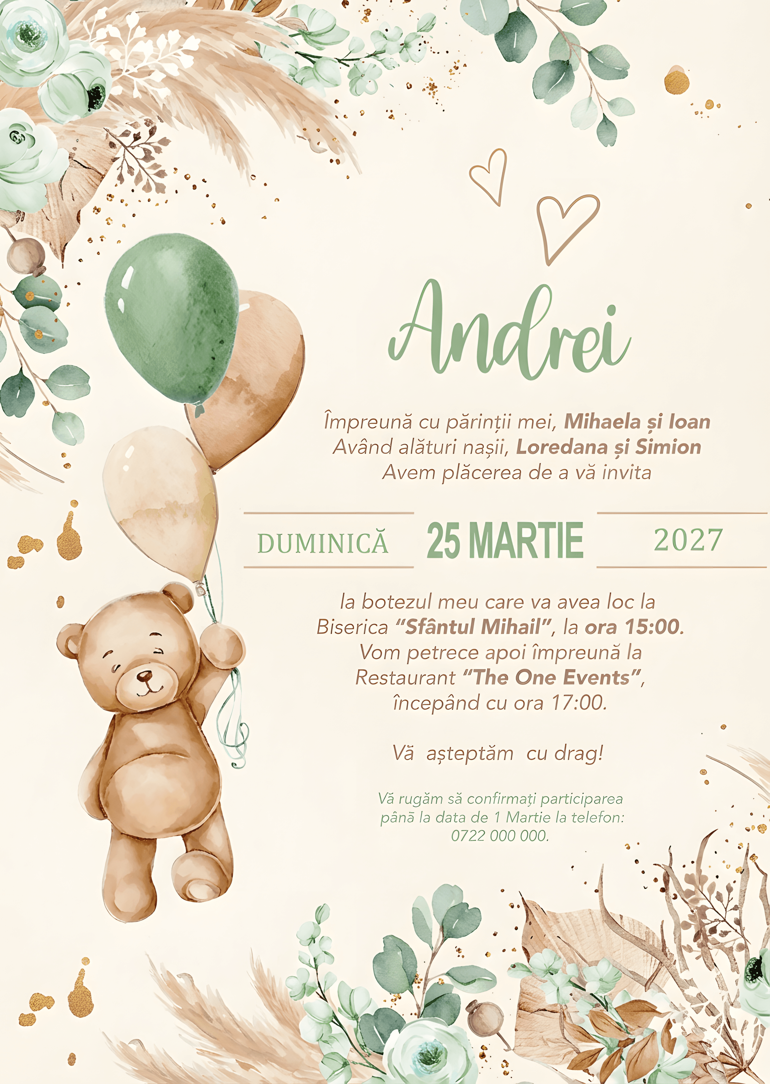 Ursulet Balon Verde - Invitație Digitală botez
