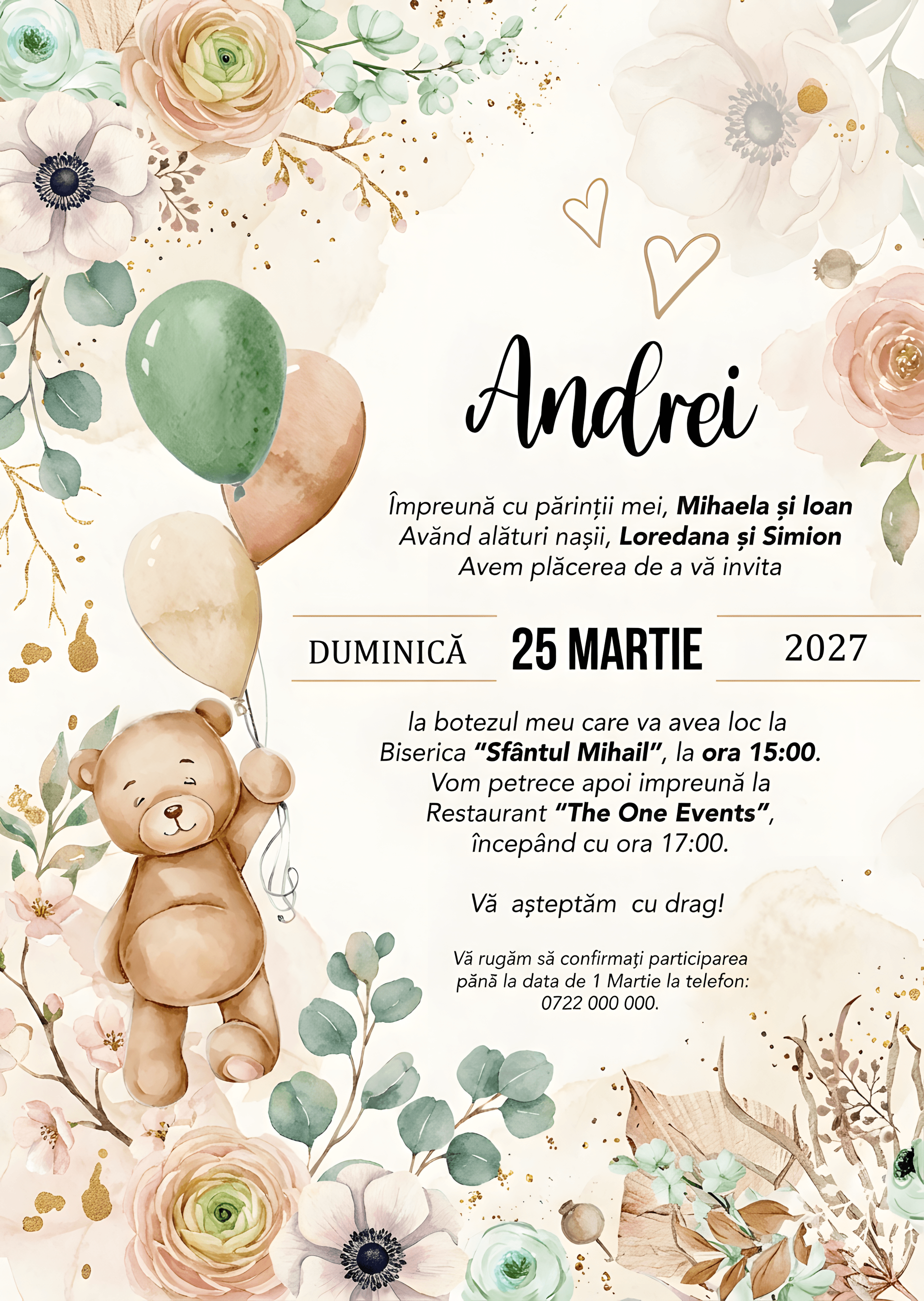 Ursulet Floral Elegant - Invitație Digitală botez