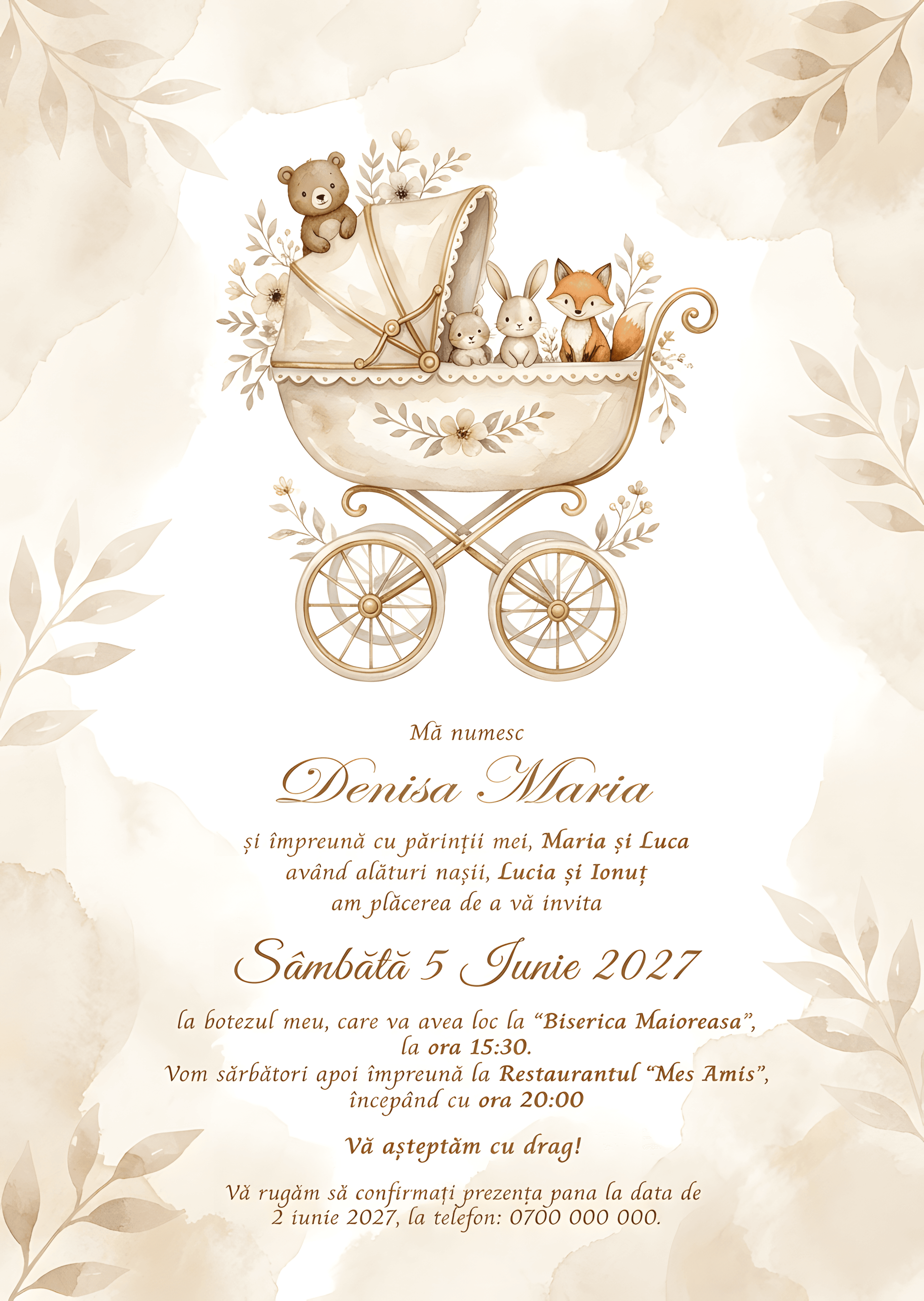 Vintage Crem Copii - Invitație Digitală botez