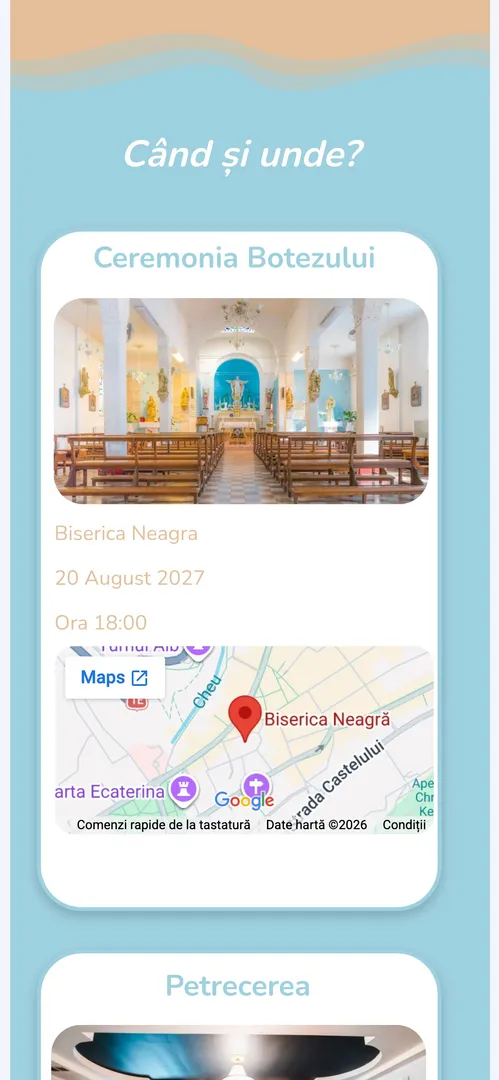 Card cu poza bisericii, adresa și harta către locul ceremoniei