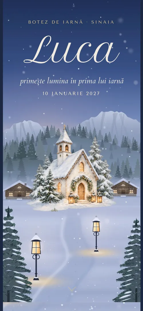 Invitație de botez online „Bisericuța din Zăpadă”