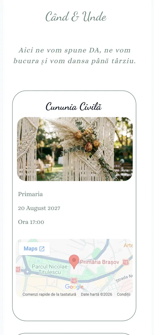 Cardul de locație, cu fotografia locului, data, ora și harta încorporată