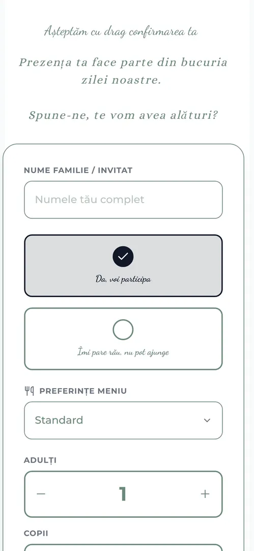 Formularul de confirmare: numele invitatului, răspunsul de participare și opțiunea de meniu