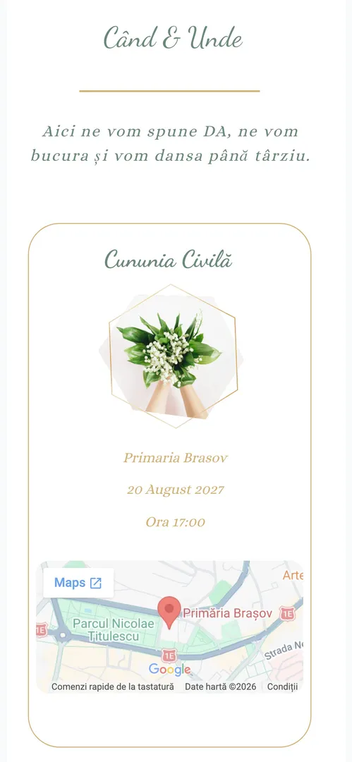 Card de locație cu fotografia unui buchet alb în cadru hexagonal auriu, hartă și adresa primăriei