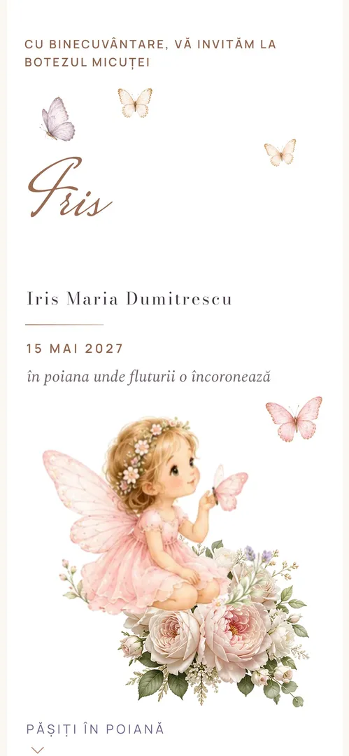 Invitație de botez online „Regina Fluturilor”