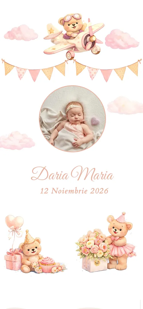 Invitație de botez online „Sweet Teddy Rose”