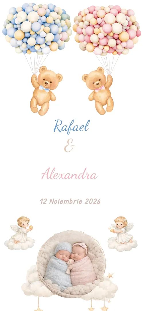 Invitație de botez de gemeni online „Teddy Twins”