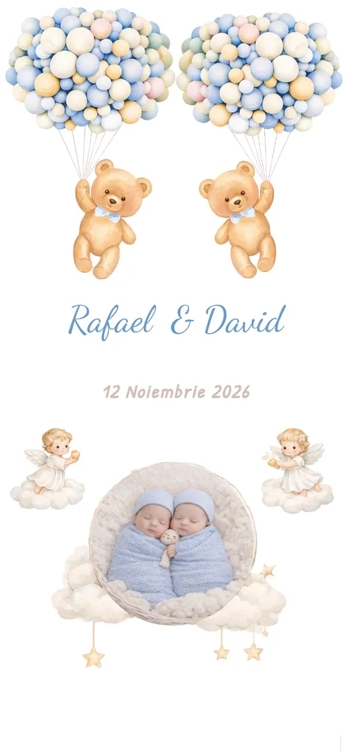 Invitație de botez de gemeni online „Teddy Twins Boys”