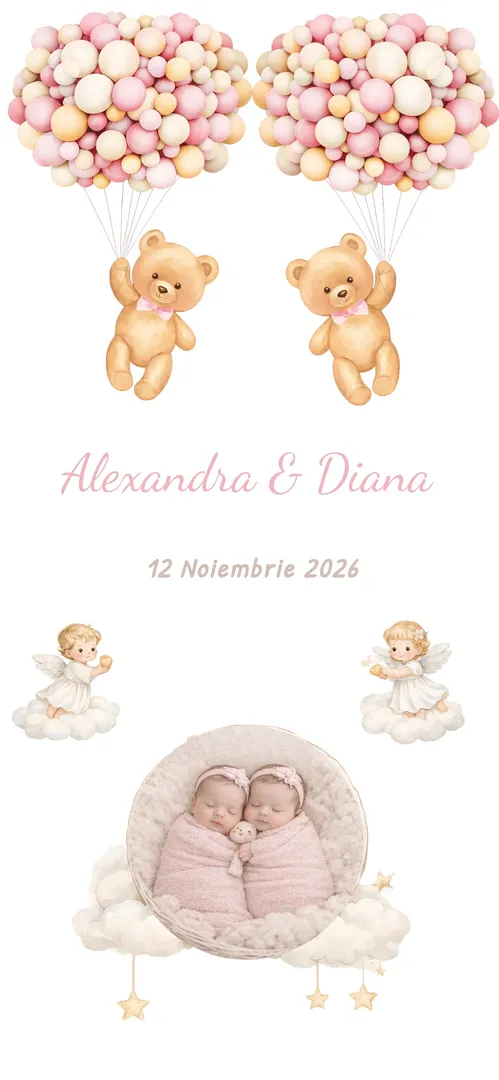 Invitație de botez de gemeni online „Teddy Twins Girls”
