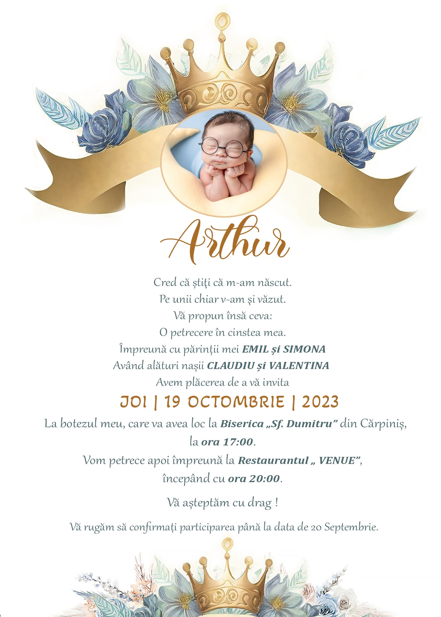 Baby Prince - Invitație Digitală botez