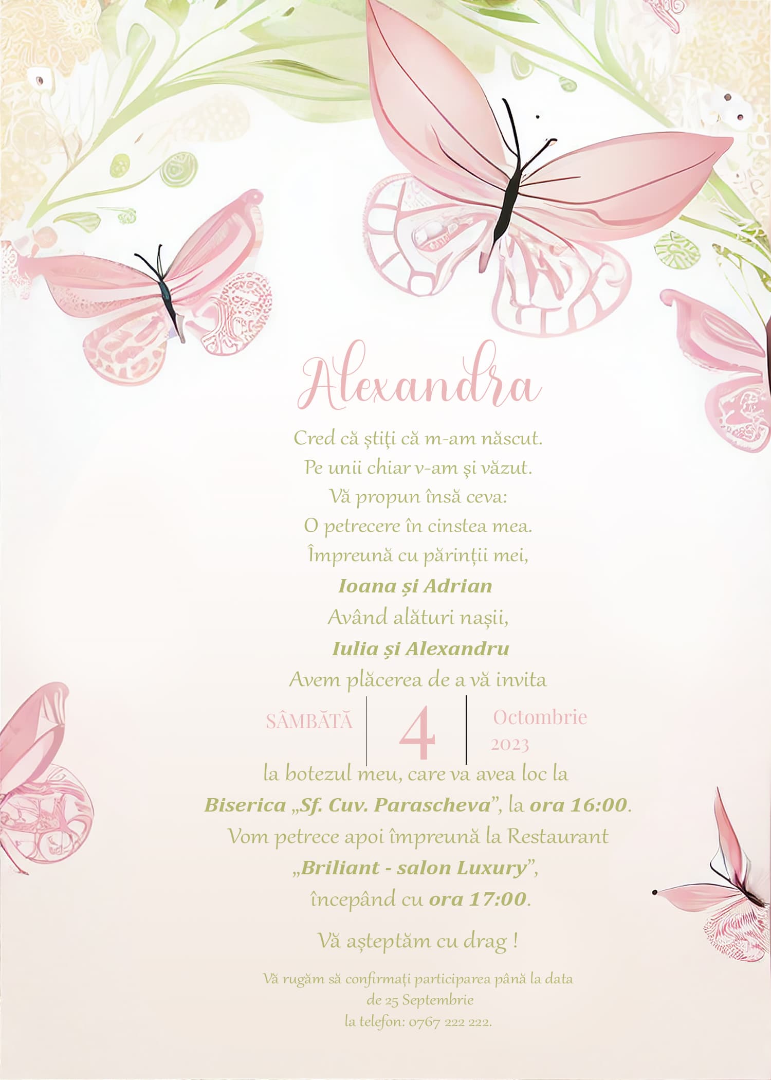 Butterfly Love - Invitație Digitală botez