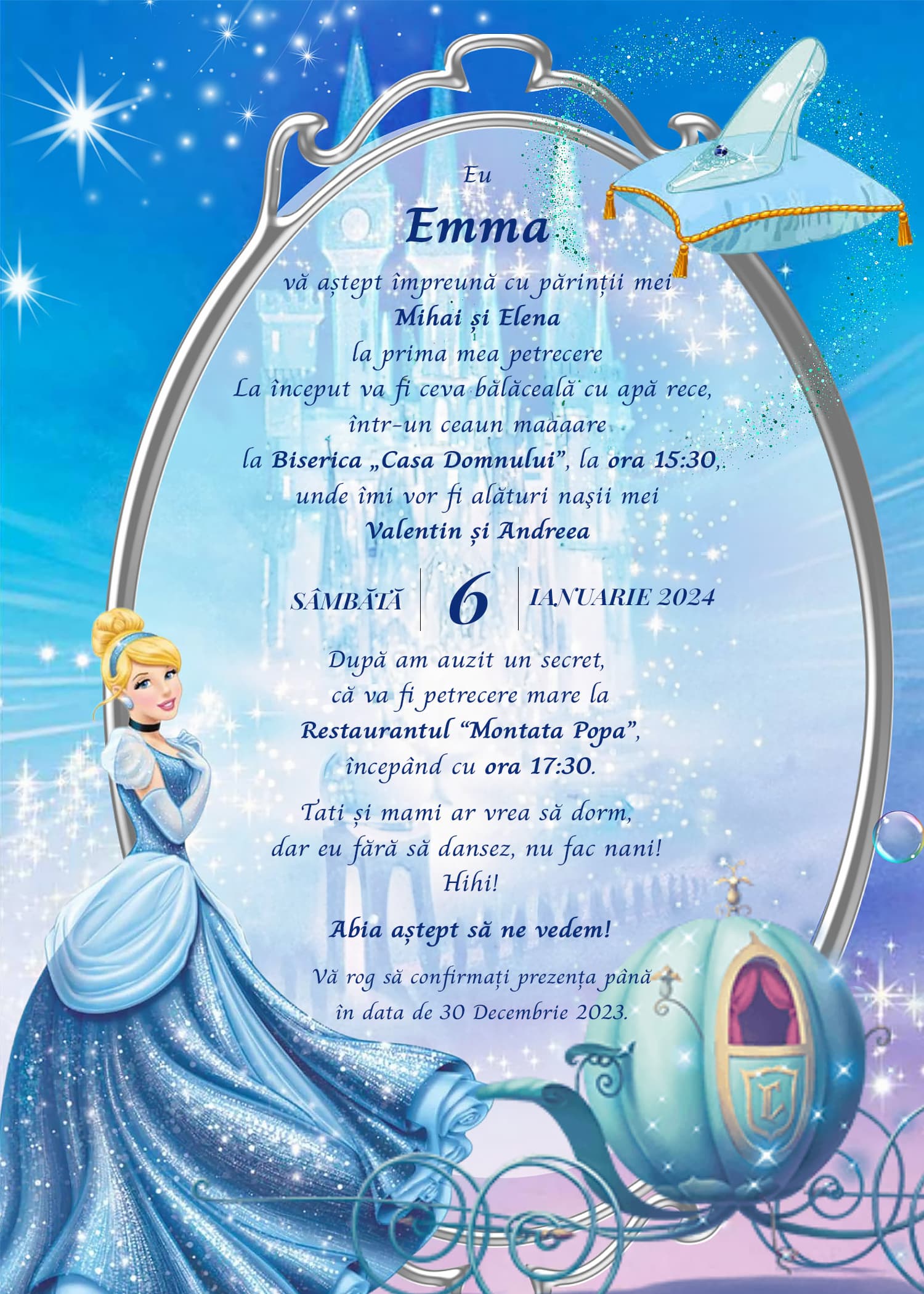 Cinderela - Invitație Digitală botez