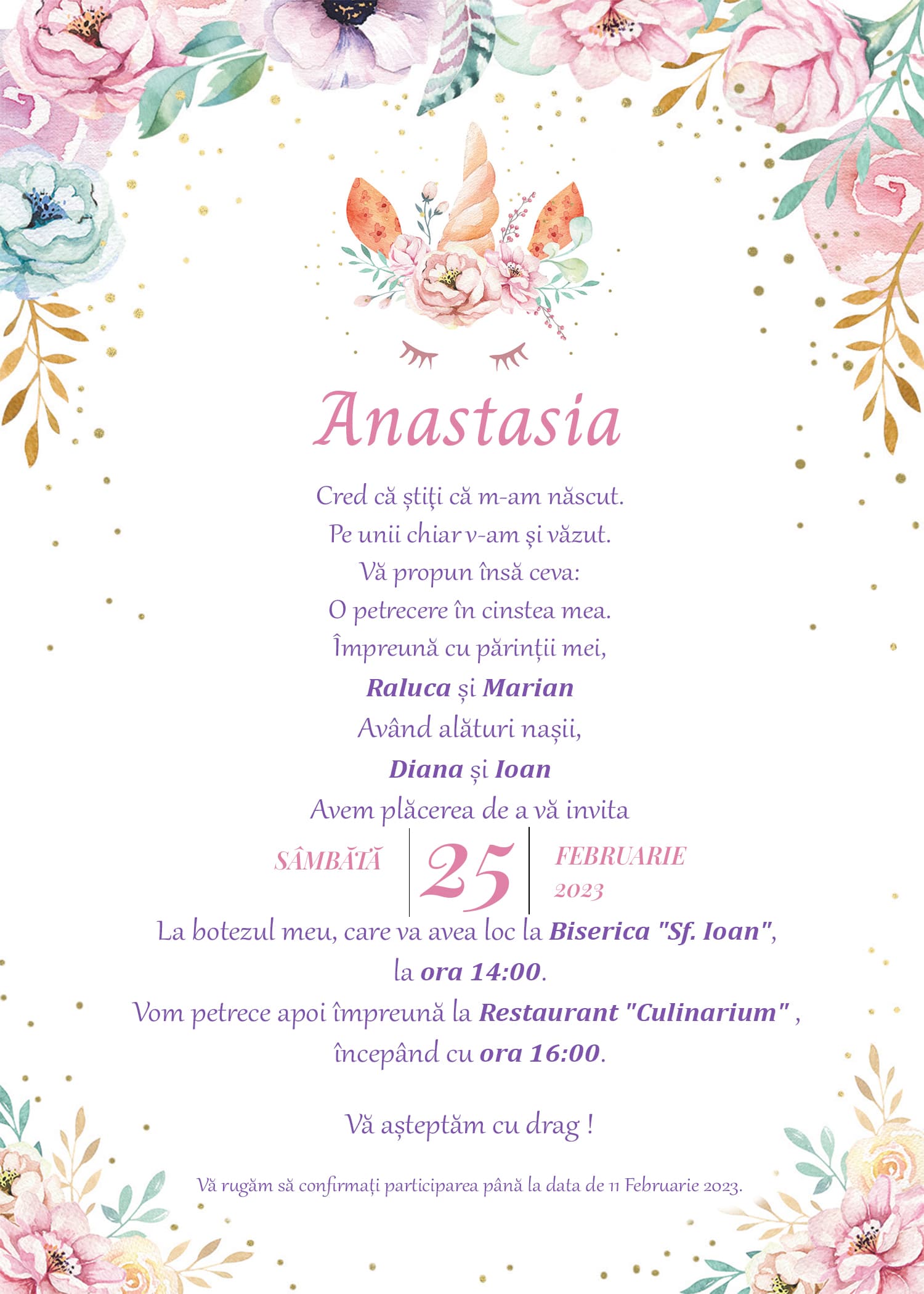 Demo Unicorn - Invitație Digitală botez