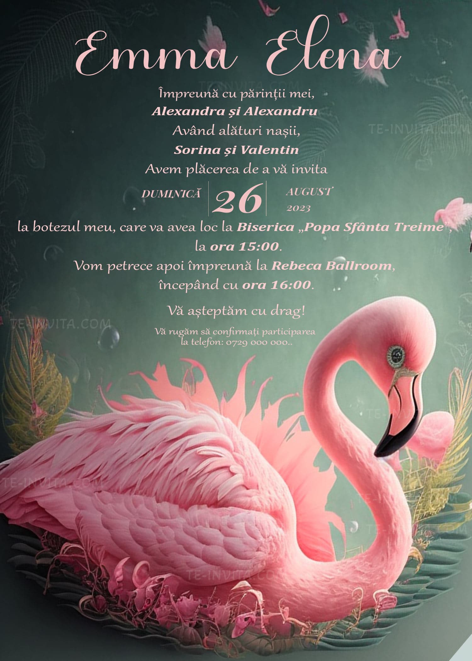 Flamingo - Invitație Digitală botez