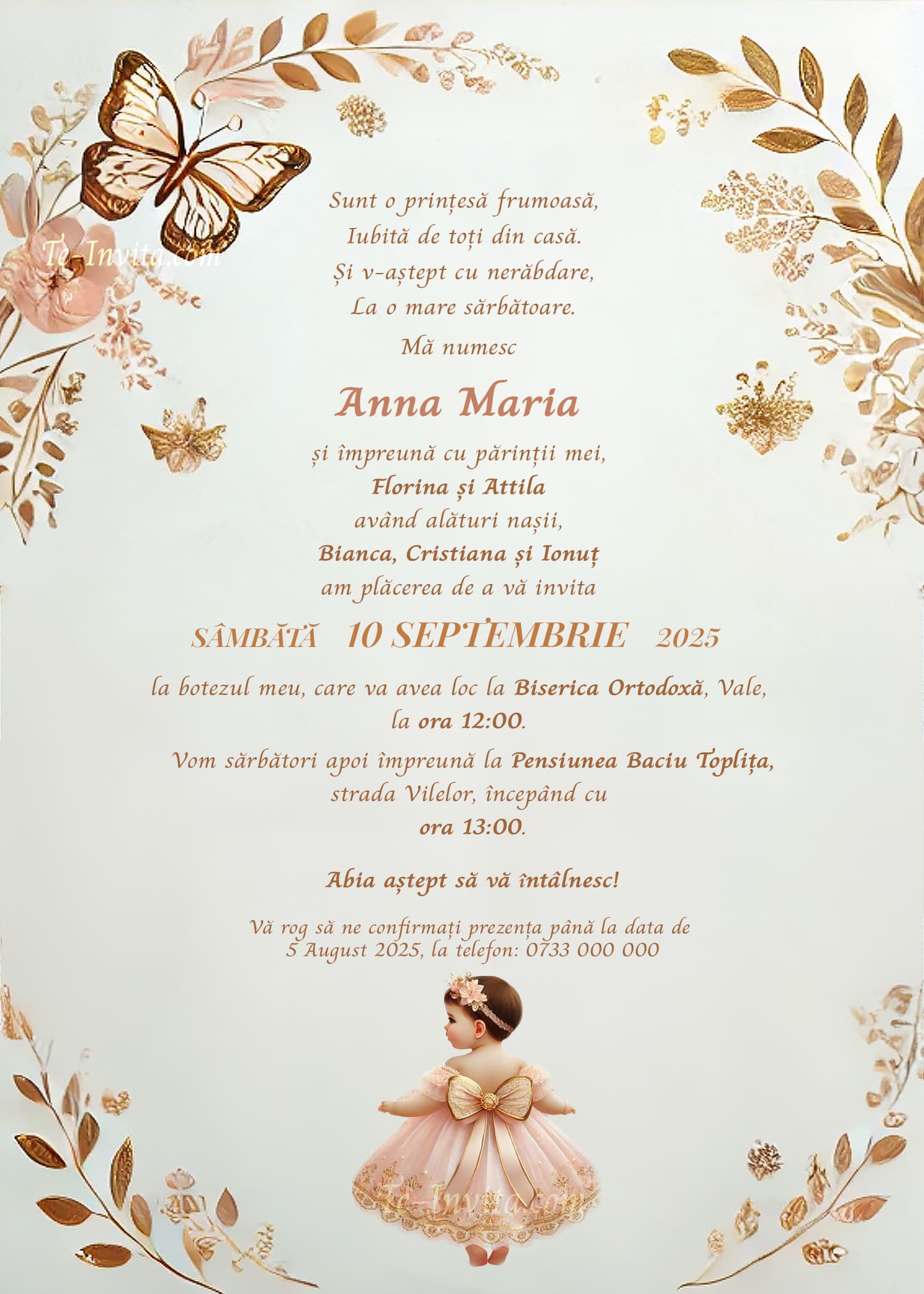 Golden Blossoms - Invitație Digitală botez