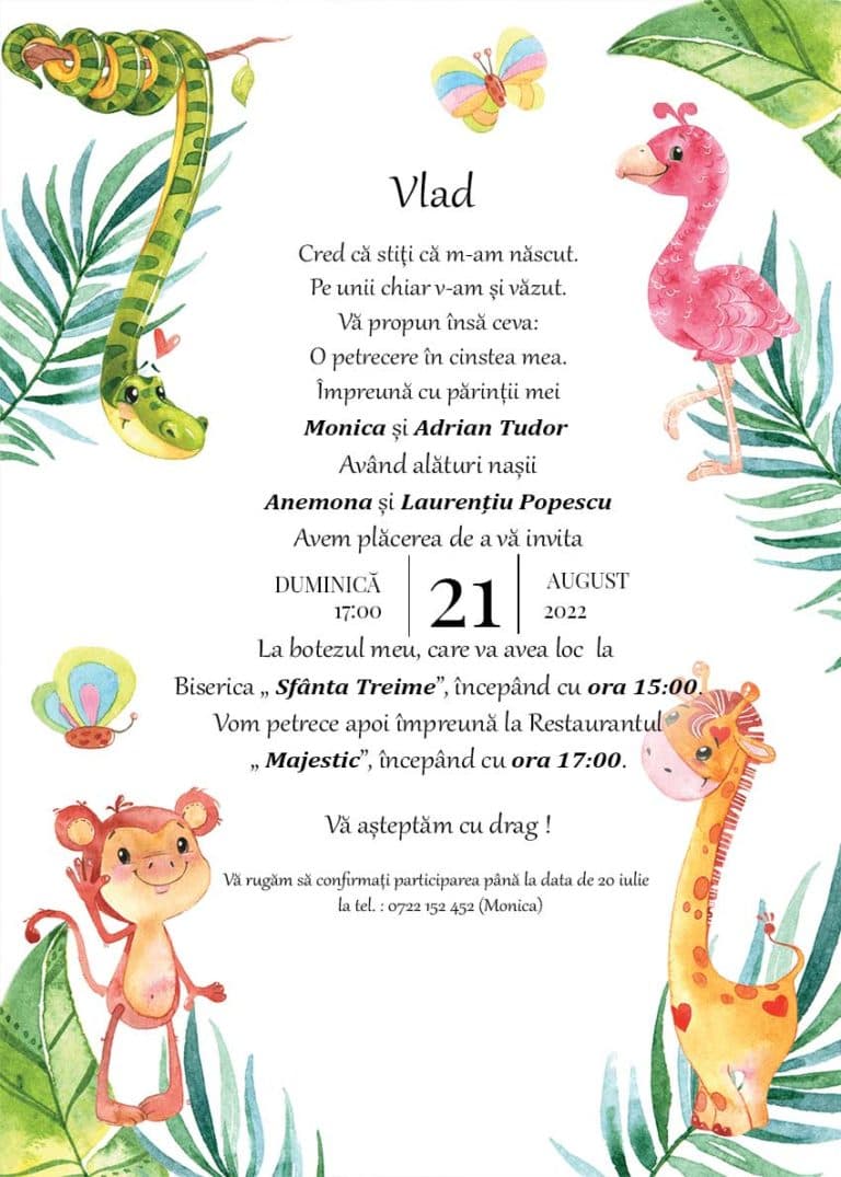 Joy in Jungle - Invitație Digitală botez