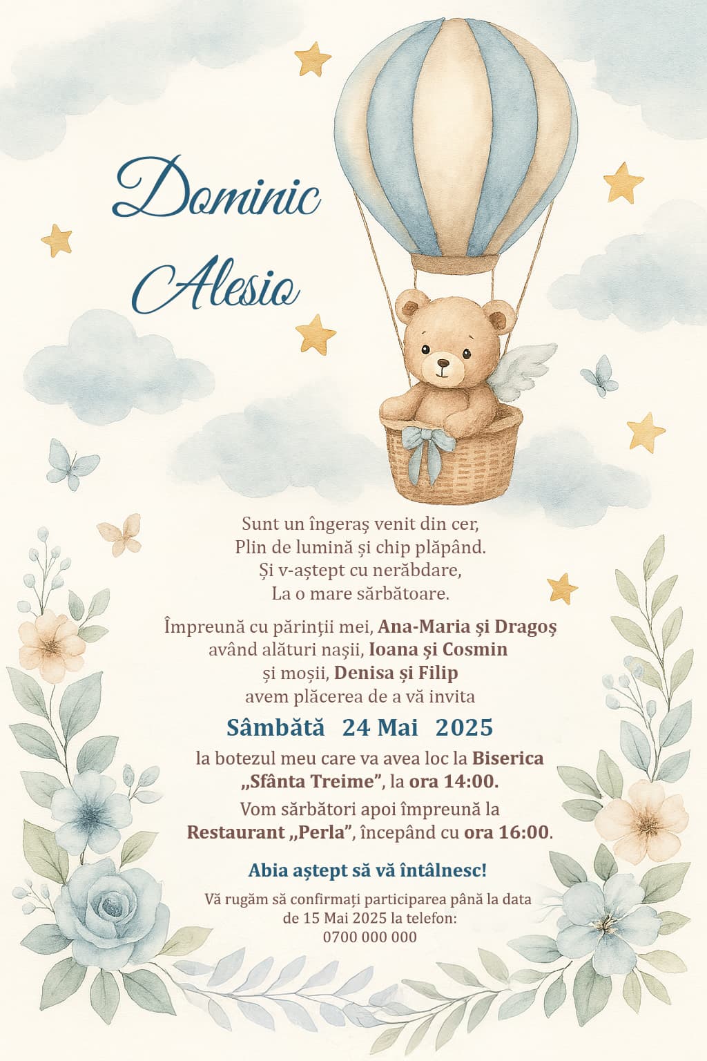 Joyful Teddy - Invitație Digitală botez