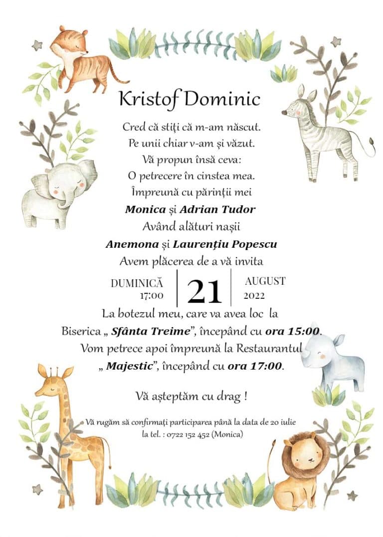 Jungle - Invitație Digitală botez