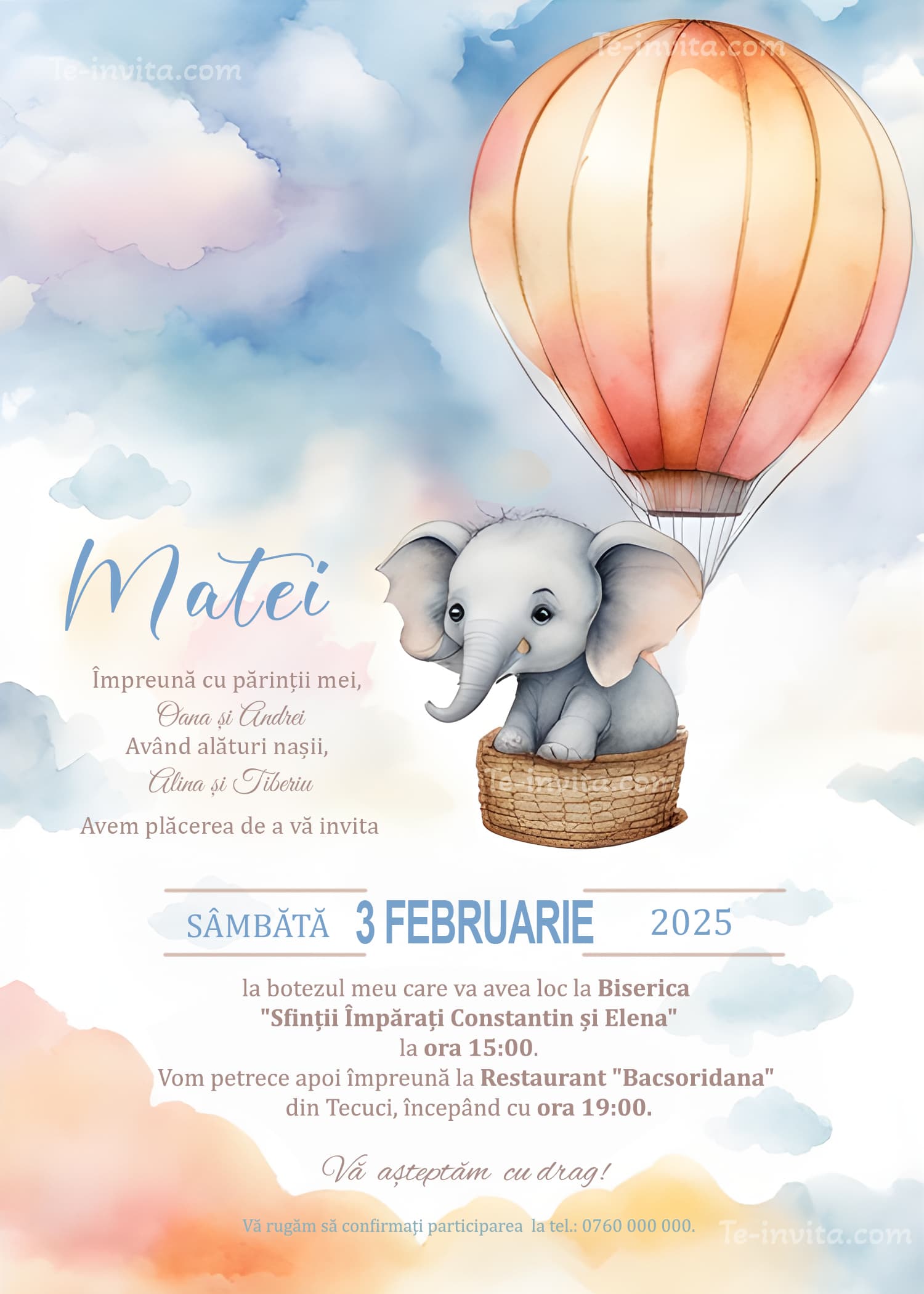 Little Elephant - Invitație Digitală botez