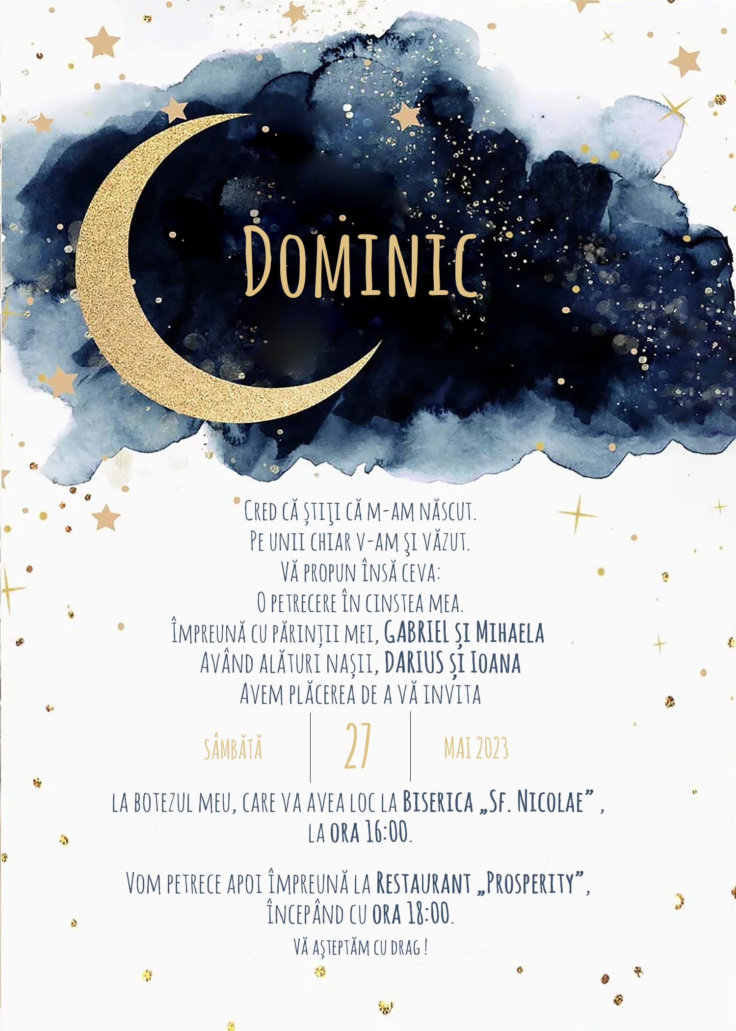 Over The Moon - Invitație Digitală botez