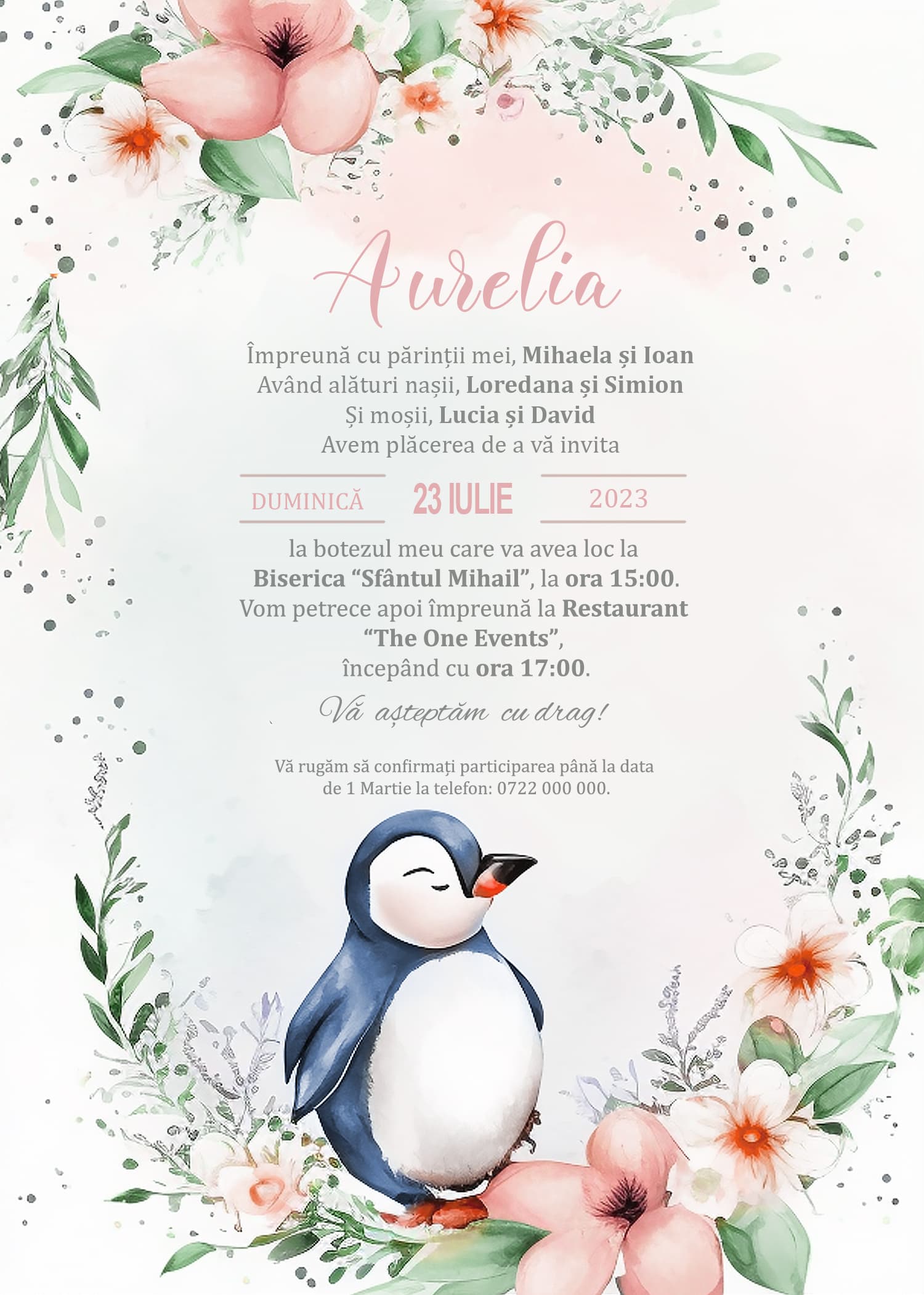 Penguin Baby - Invitație Digitală botez