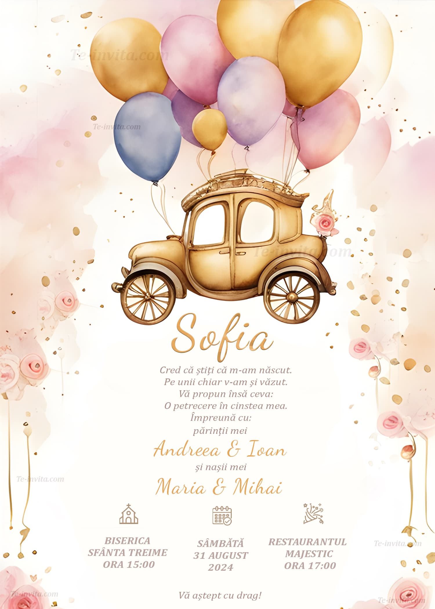 Regal Balloon Carriage - Invitație Digitală botez